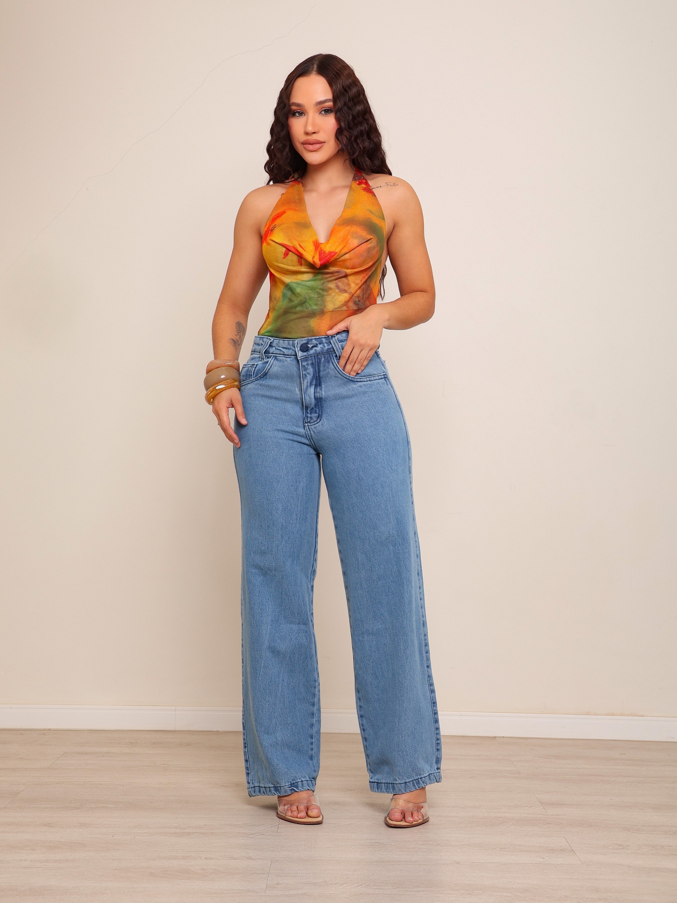 calça wide leg jeans feminina
