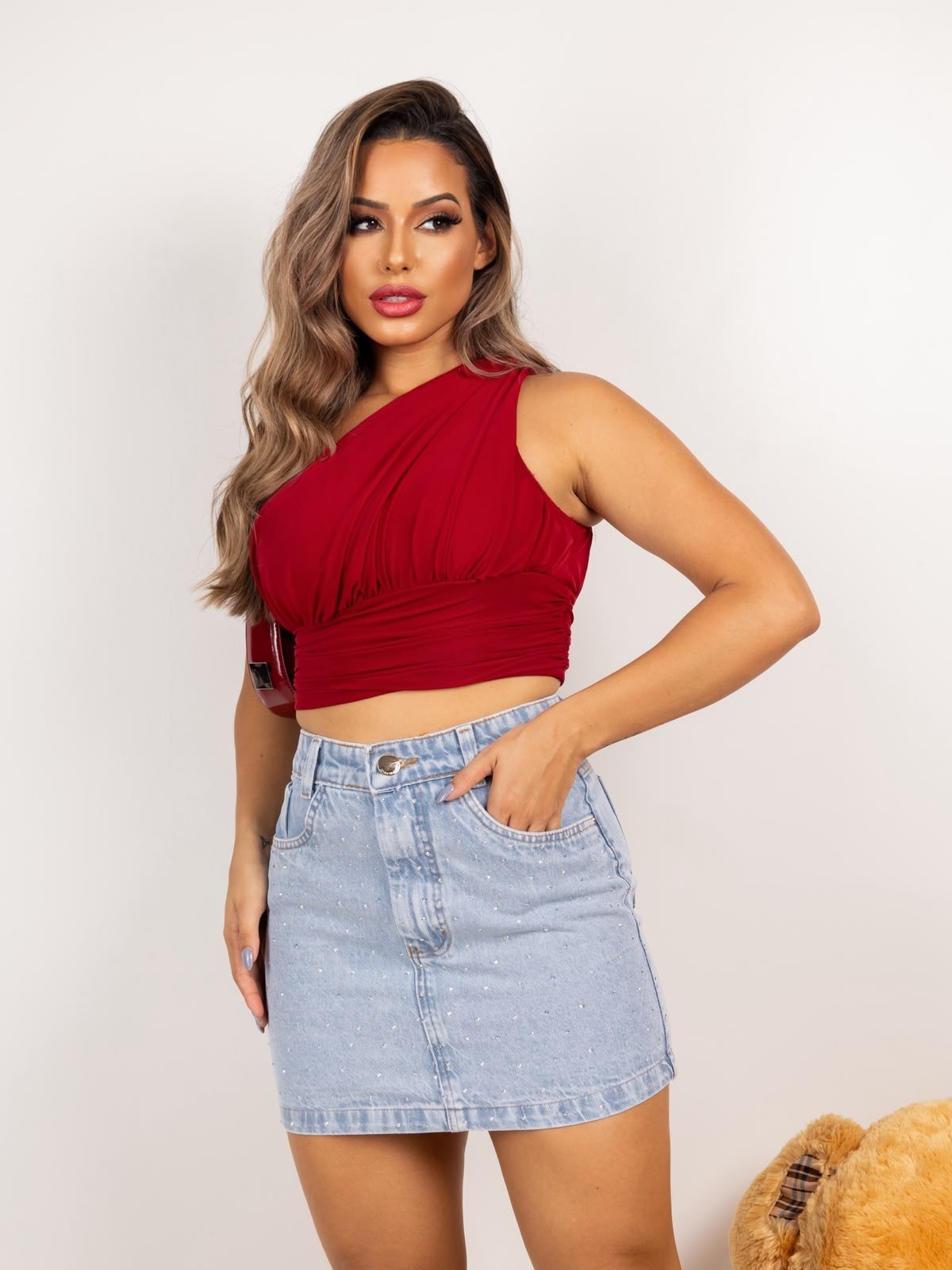 saia jeans feminina de strass