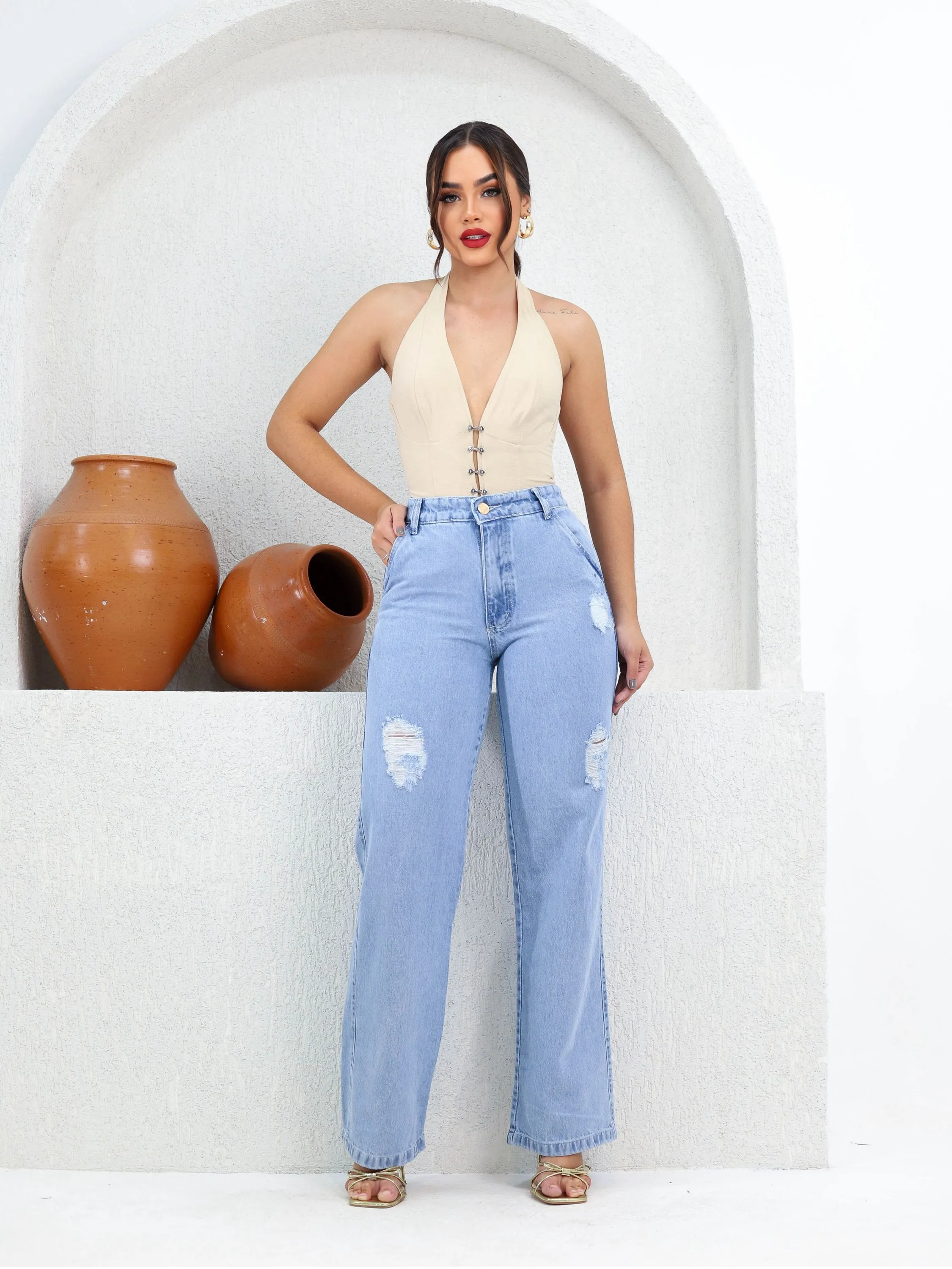 Calça wide leg jeans feminina