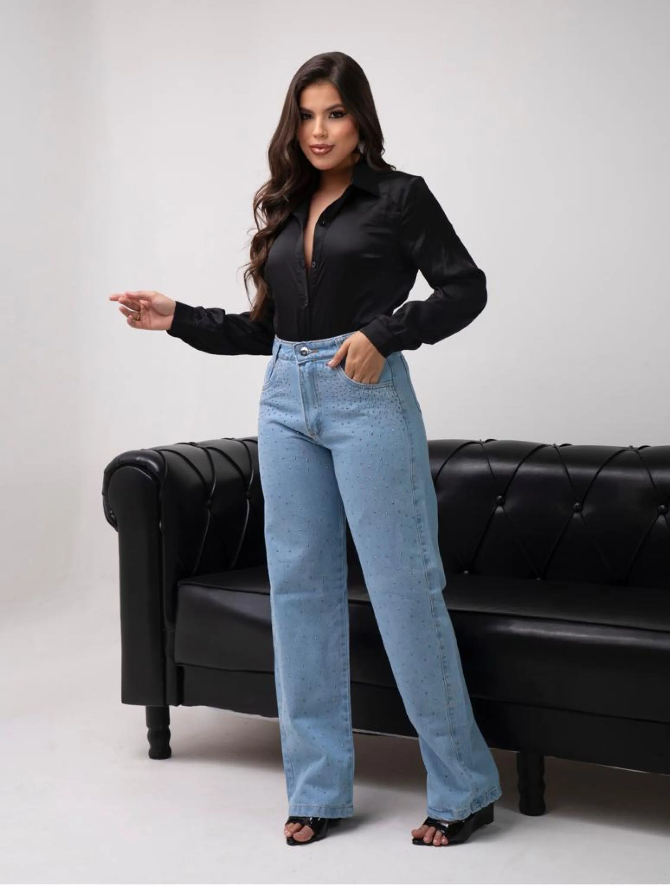 Calça wide leg jeans feminina de strass