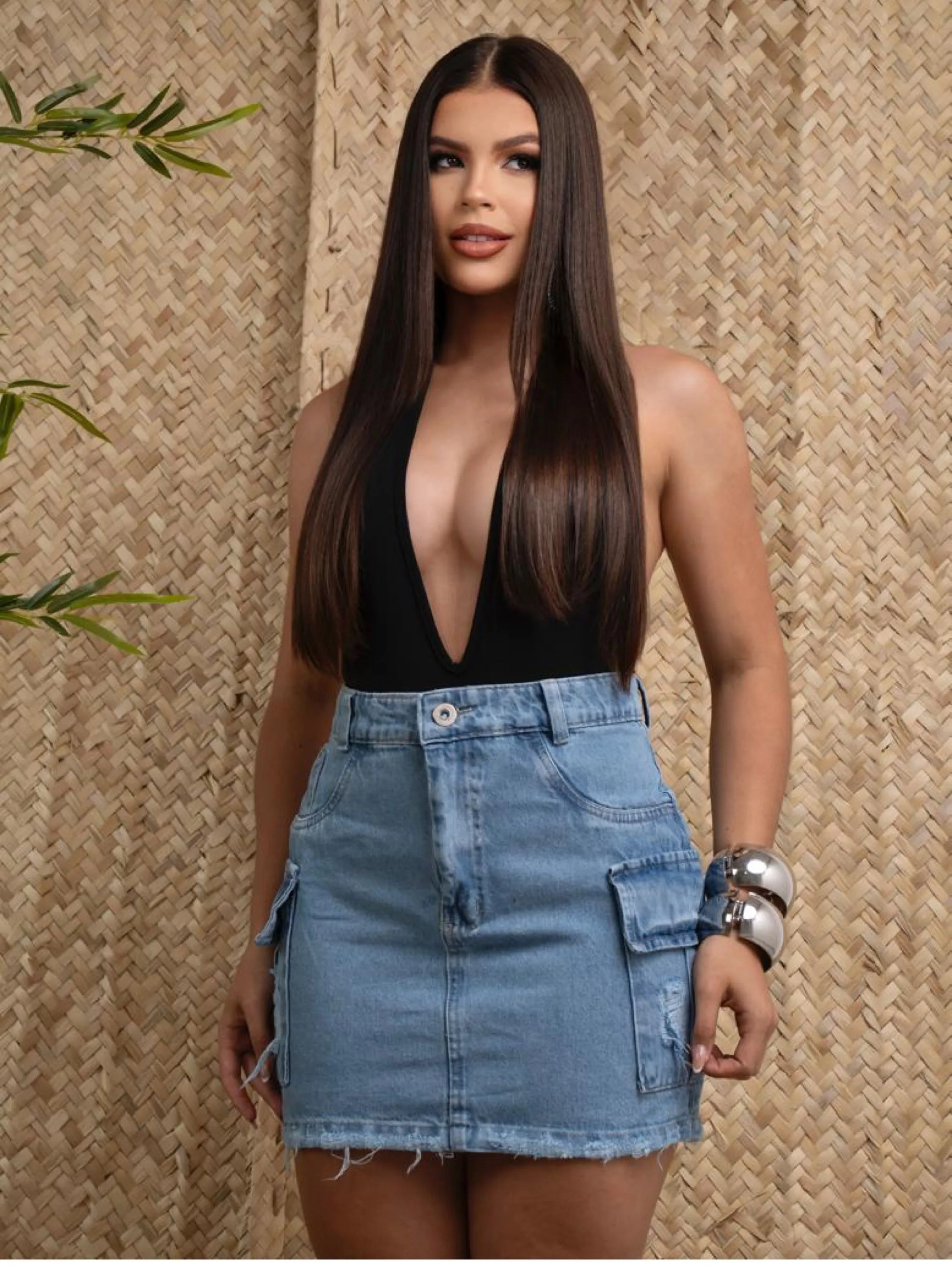 Saia cargo jeans feminina