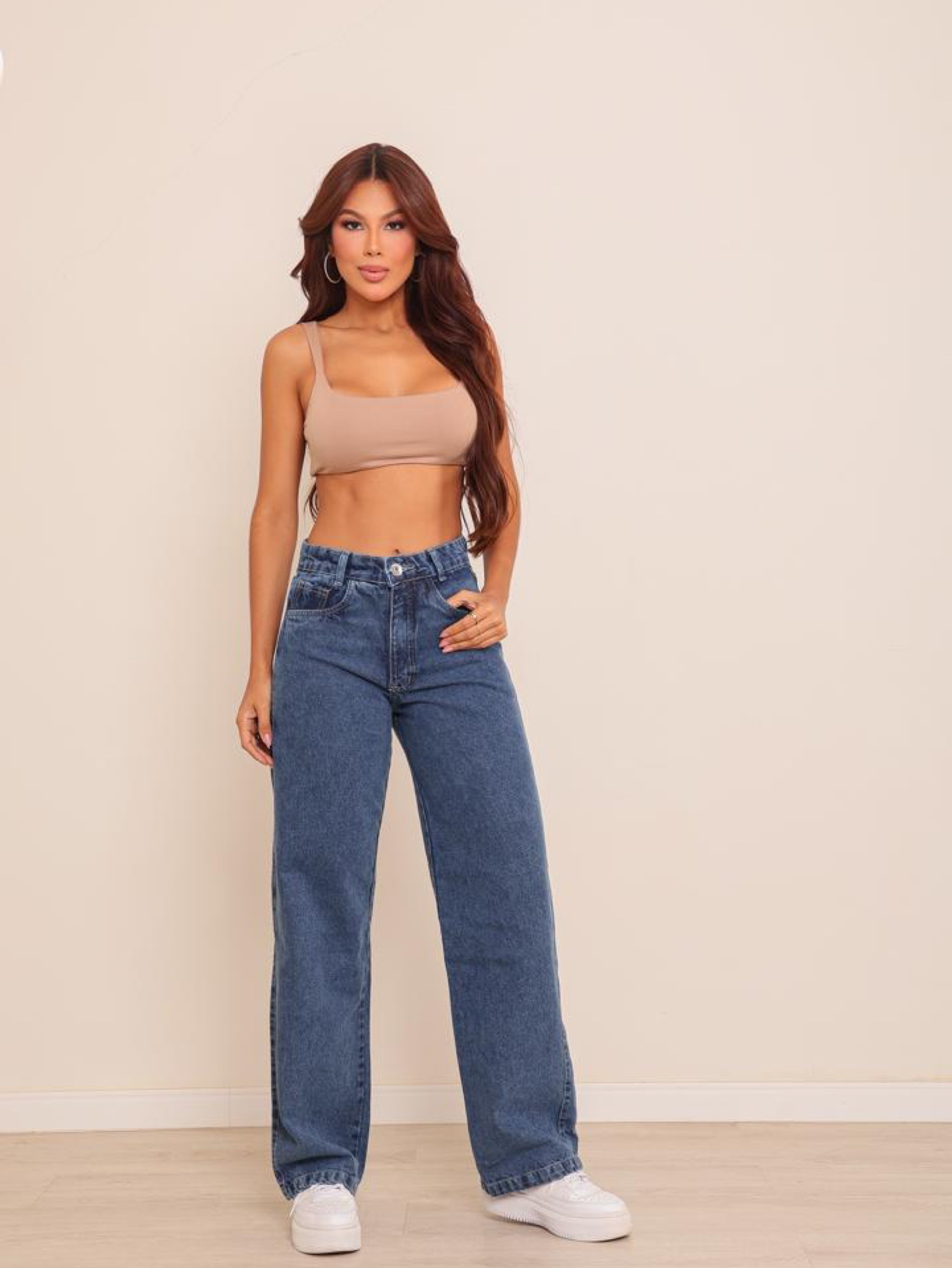 Calça wide leg jeans feminina