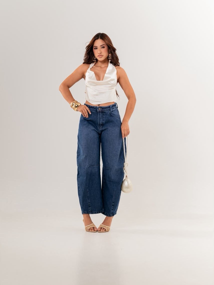 calça wide leg balão jeans feminina