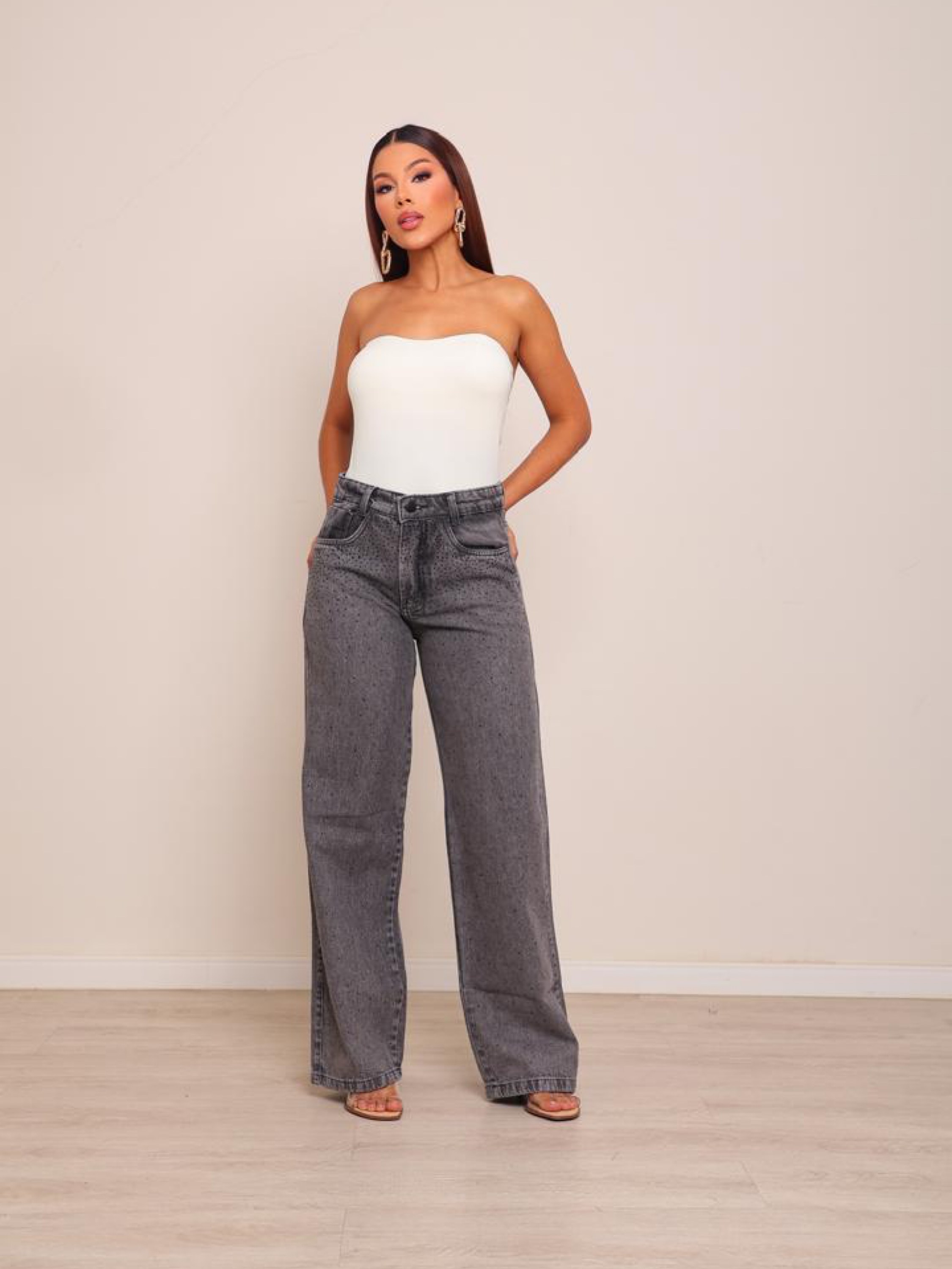 Calça wide leg jeans feminina de strass