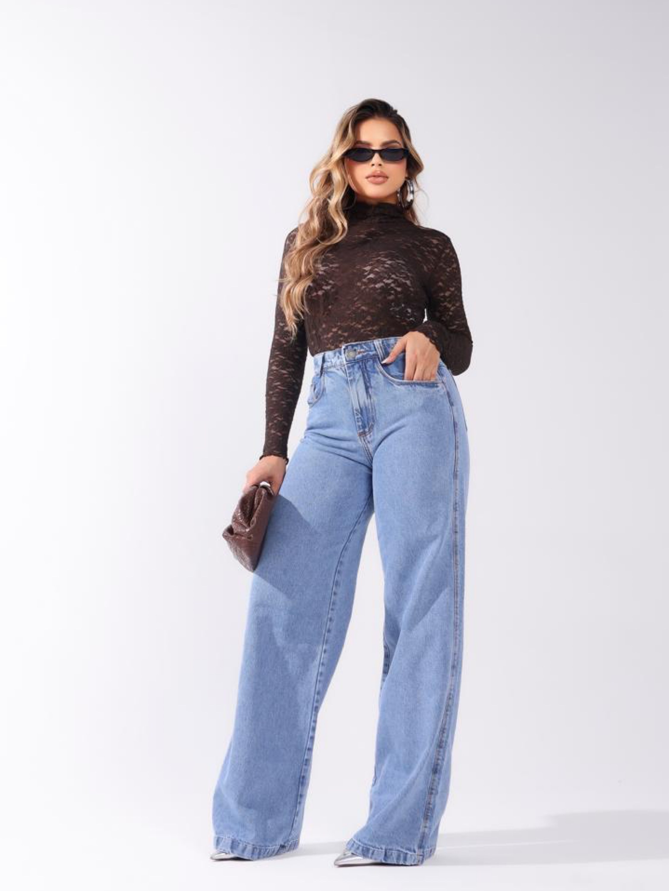 Calça wide leg jeans feminina