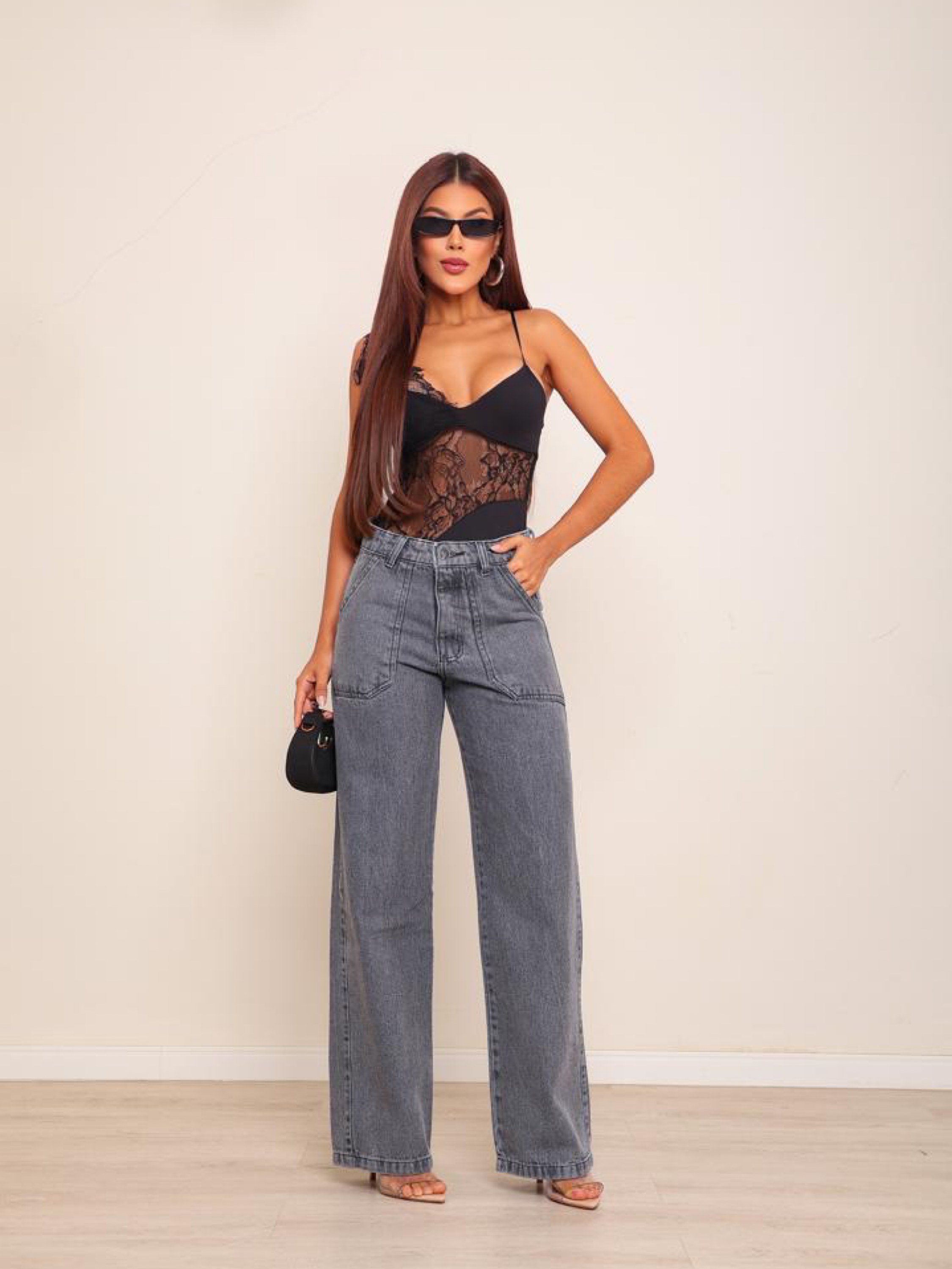 Calça wide leg jeans feminina