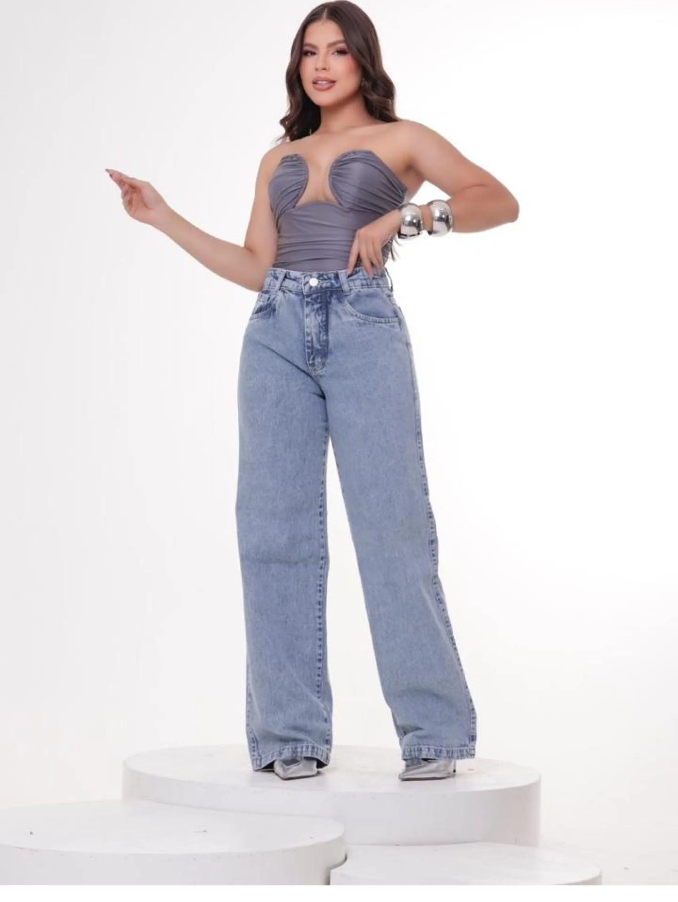 Calça wide leg jeans feminina