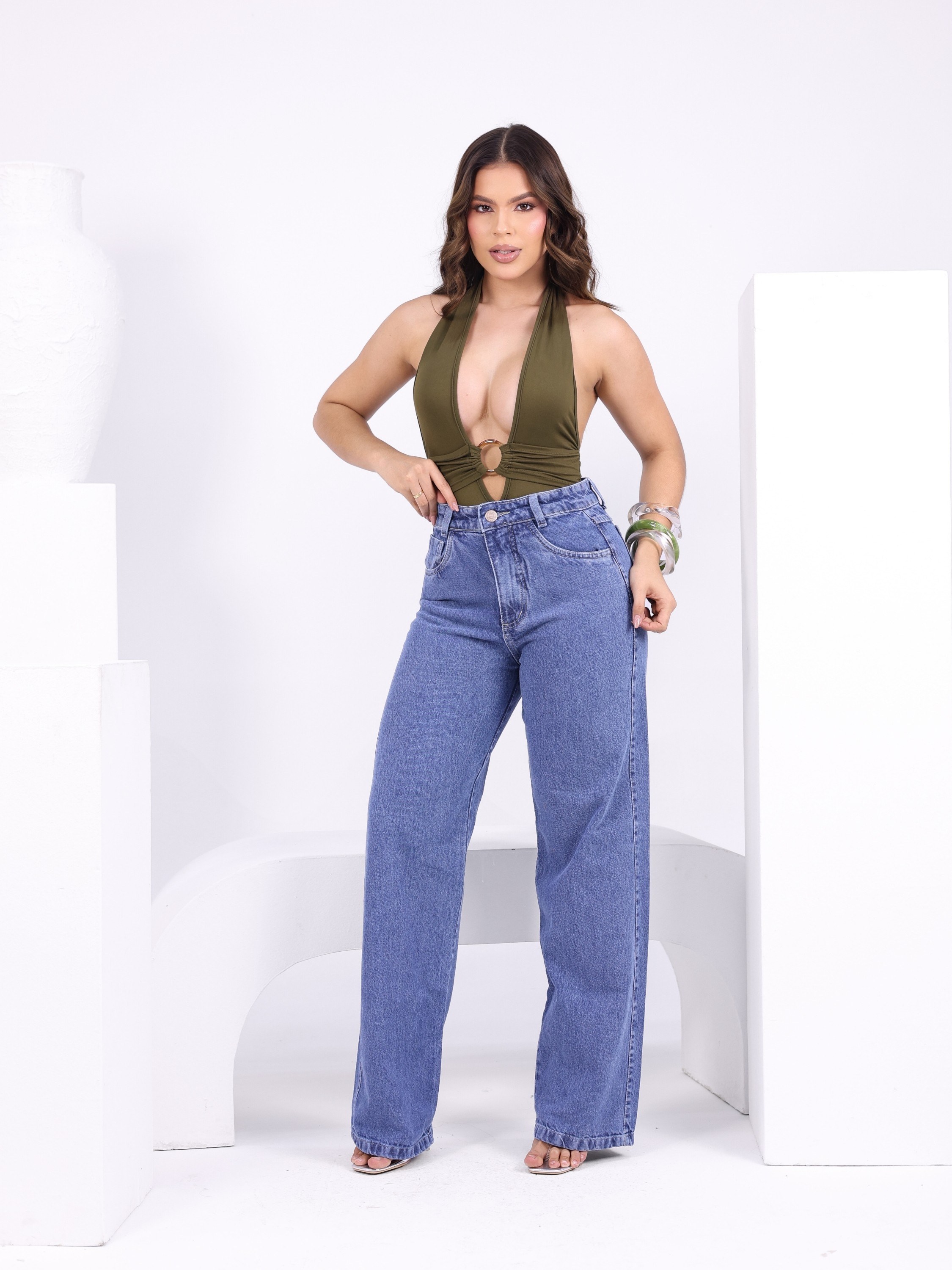 calça wide leg jeans feminina