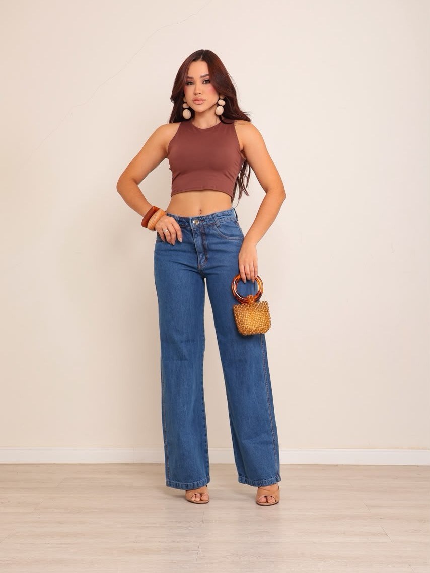 calça wide leg jeans feminina com detalhe na bolso