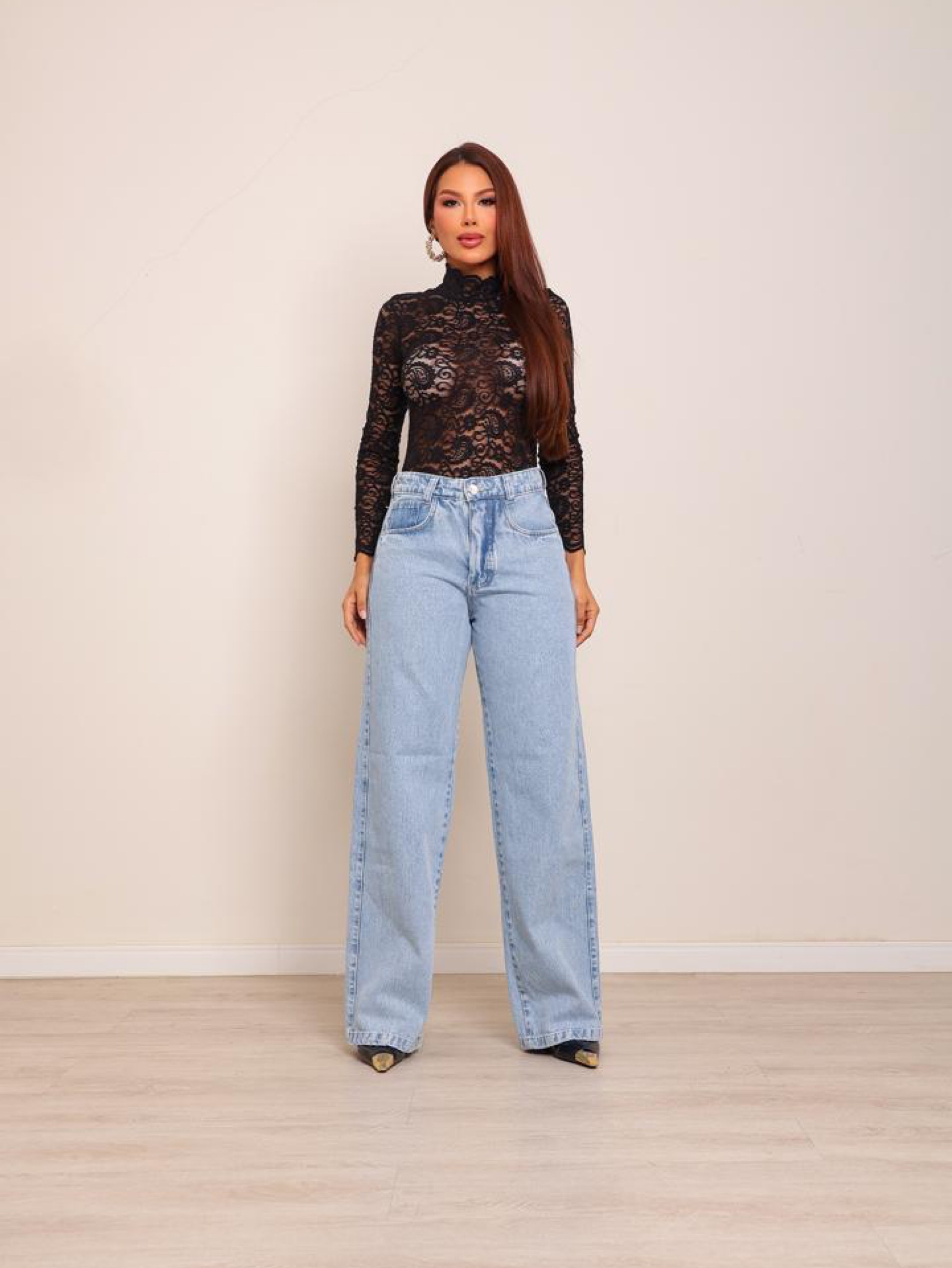 Calça wide leg jeans feminina