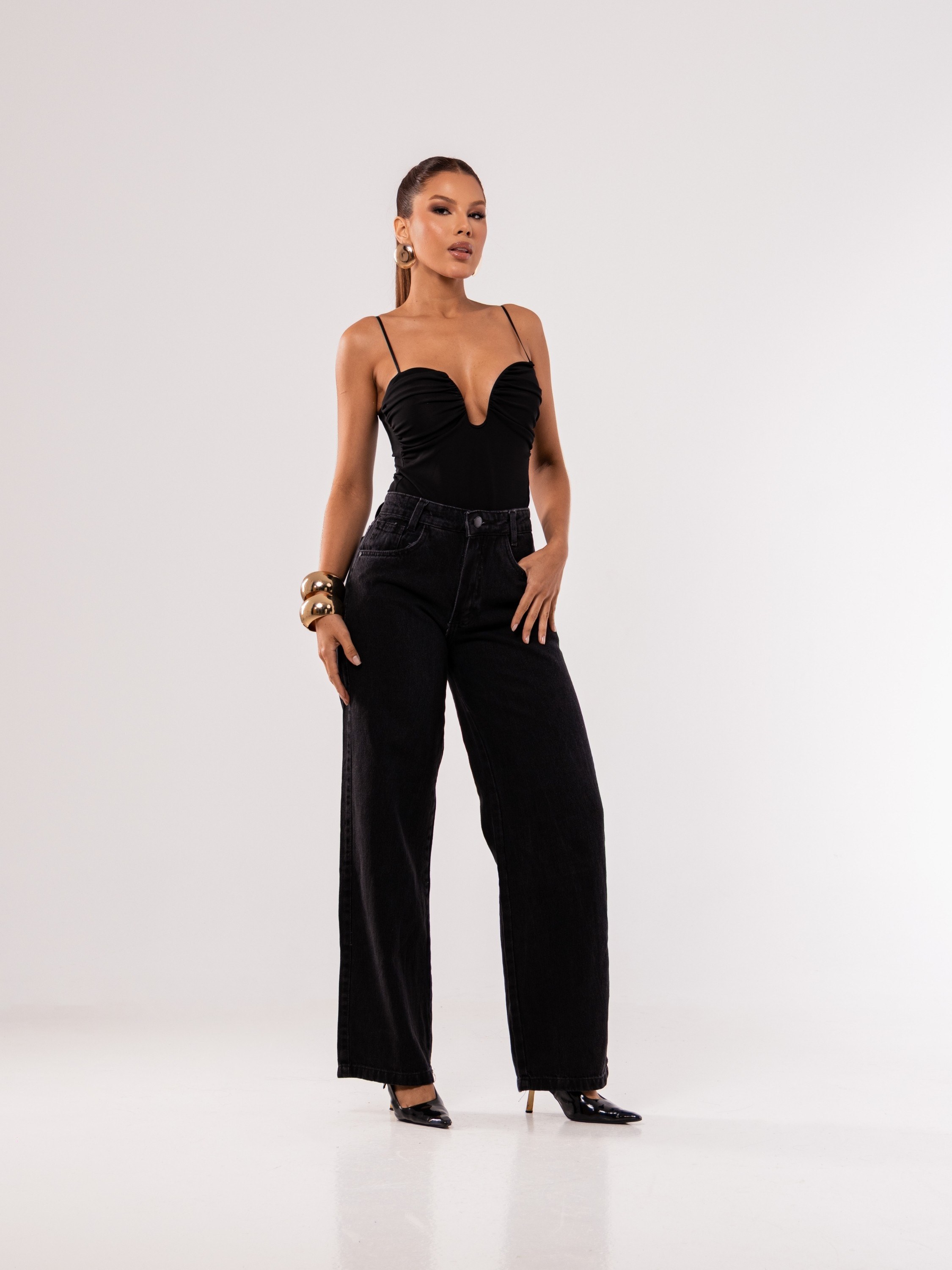 calça wide leg jeans feminina