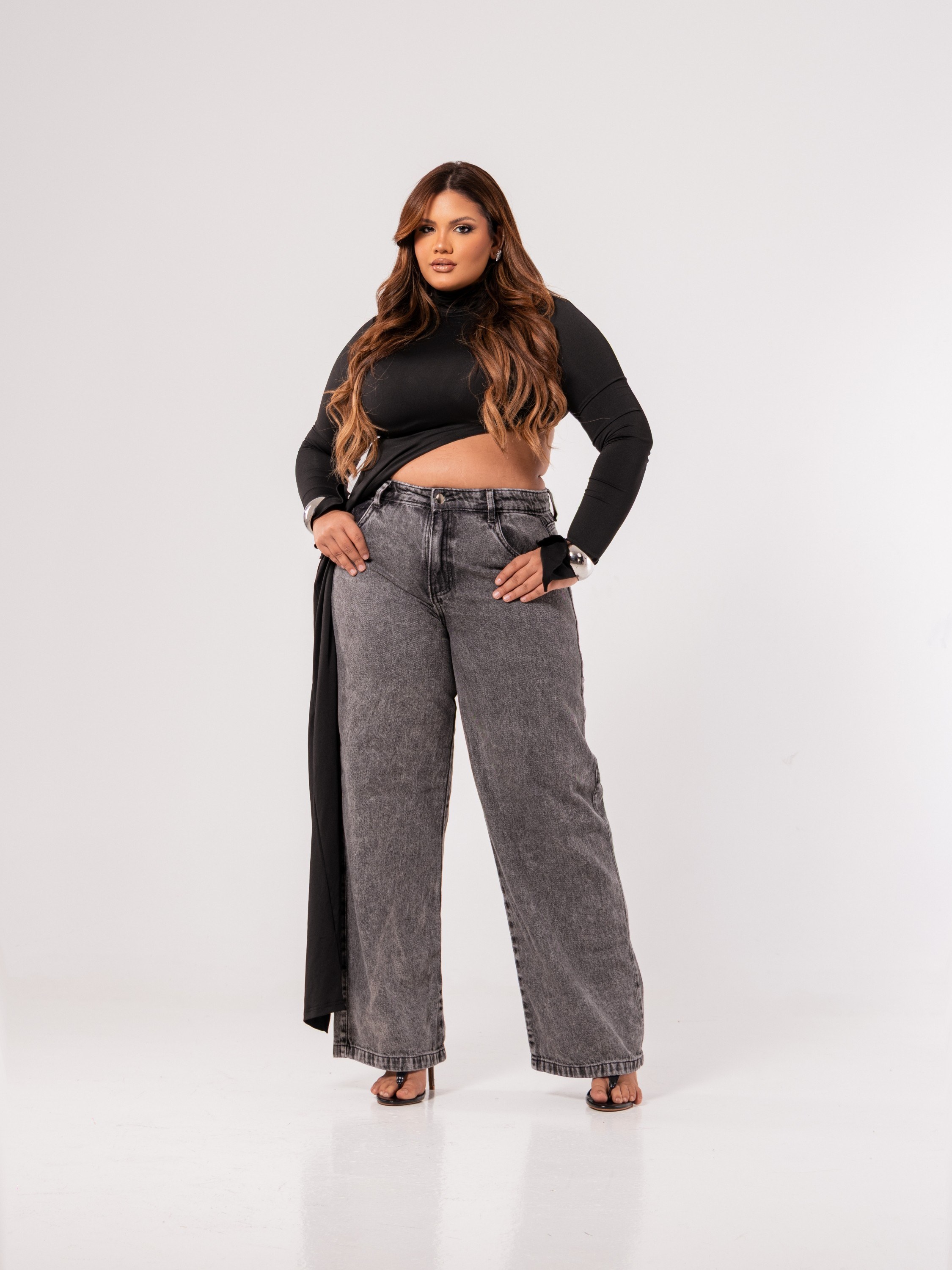 calça wide leg jeans feminina plus size