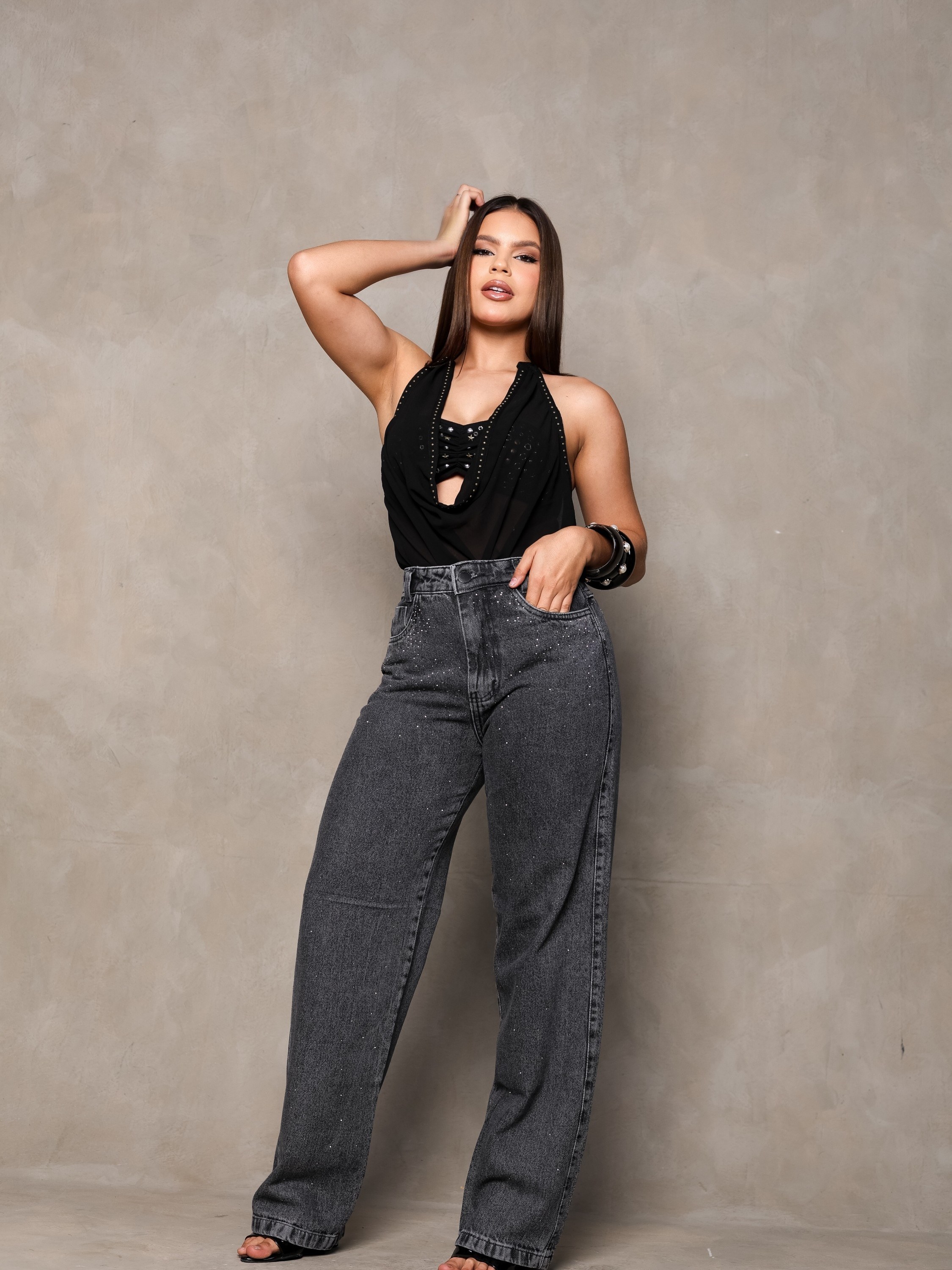 calça wide leg jeans feminina de strass