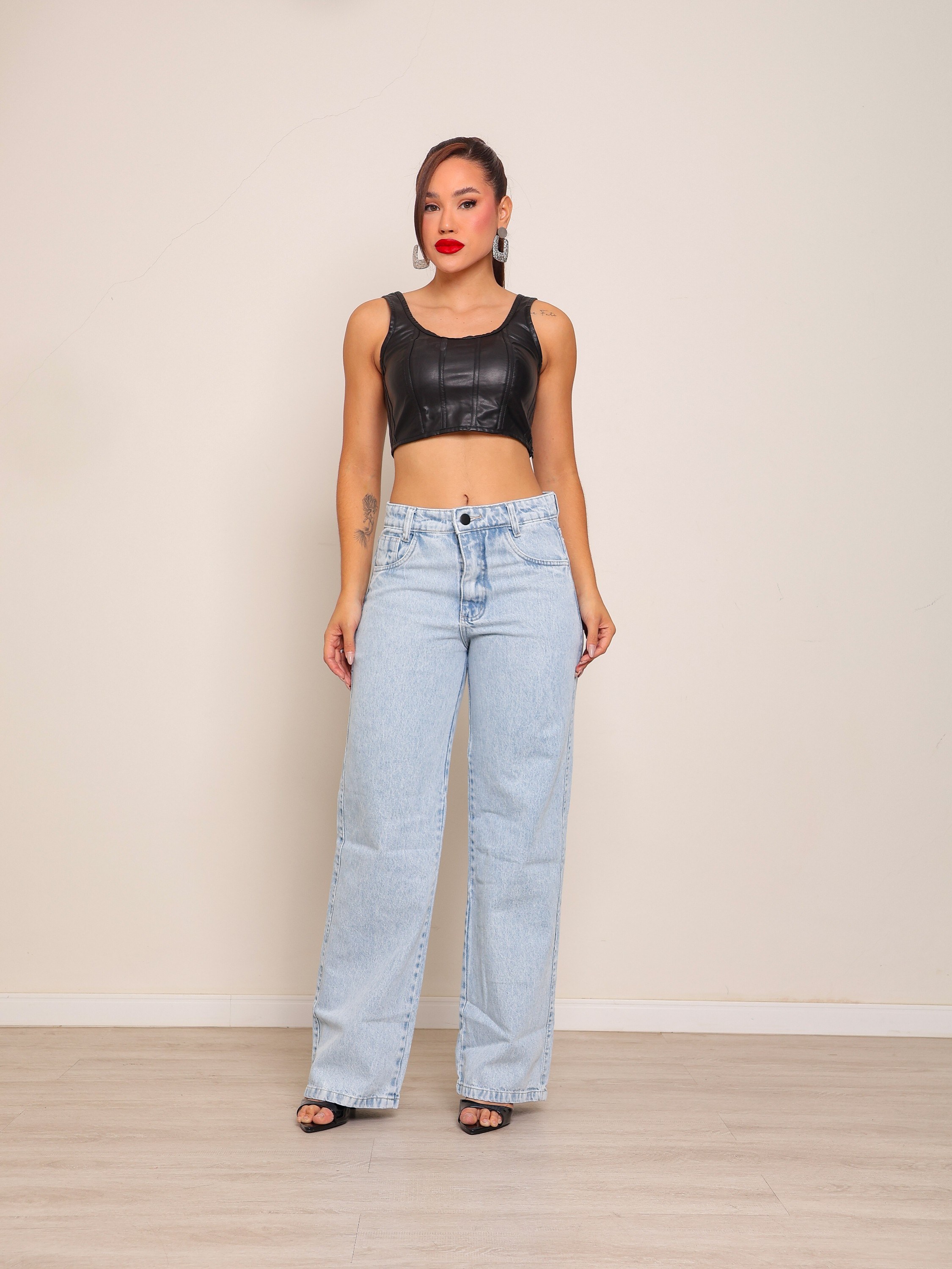 calça wide leg jeans feminina