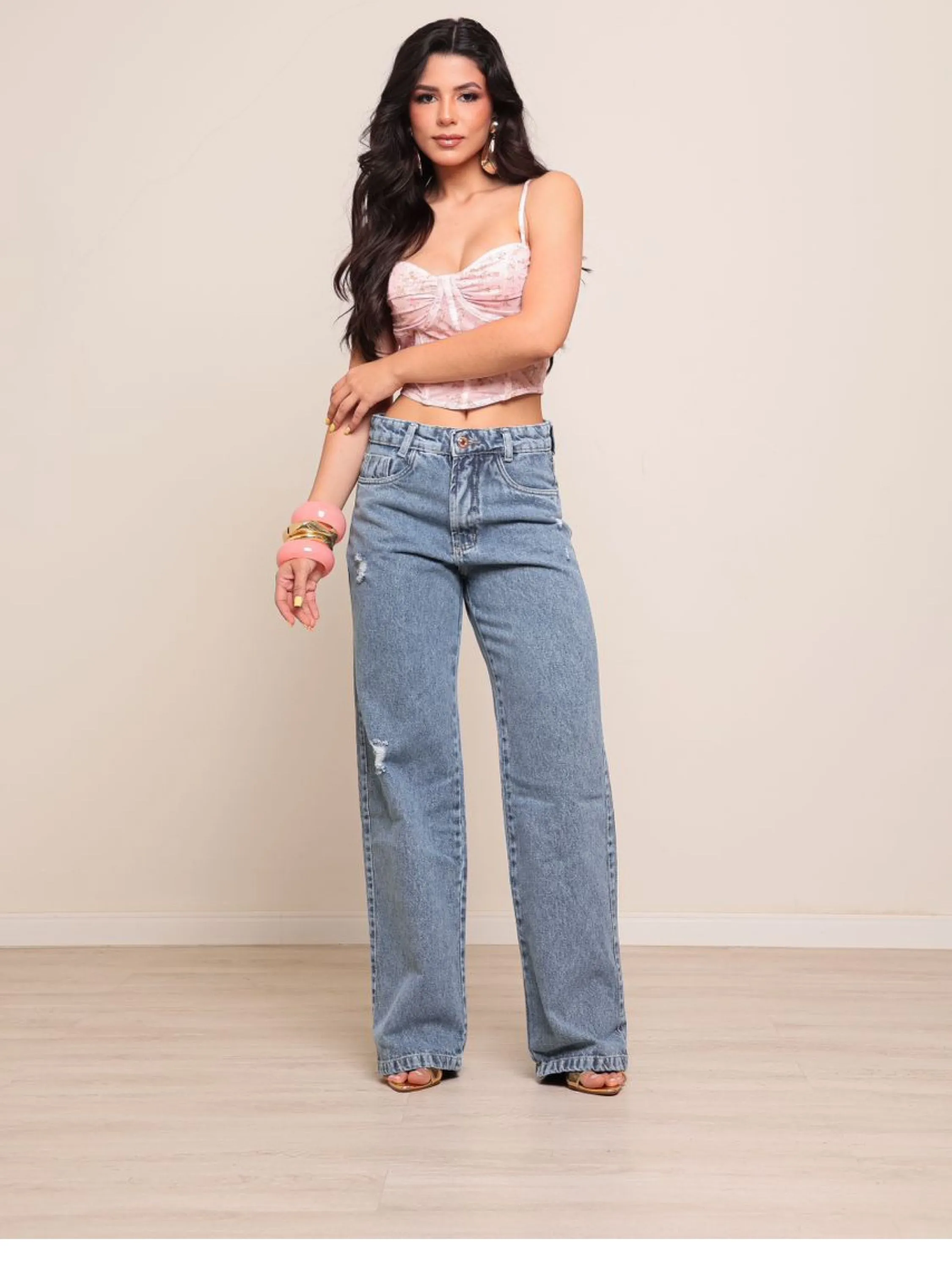 Calça wide leg jeans feminina