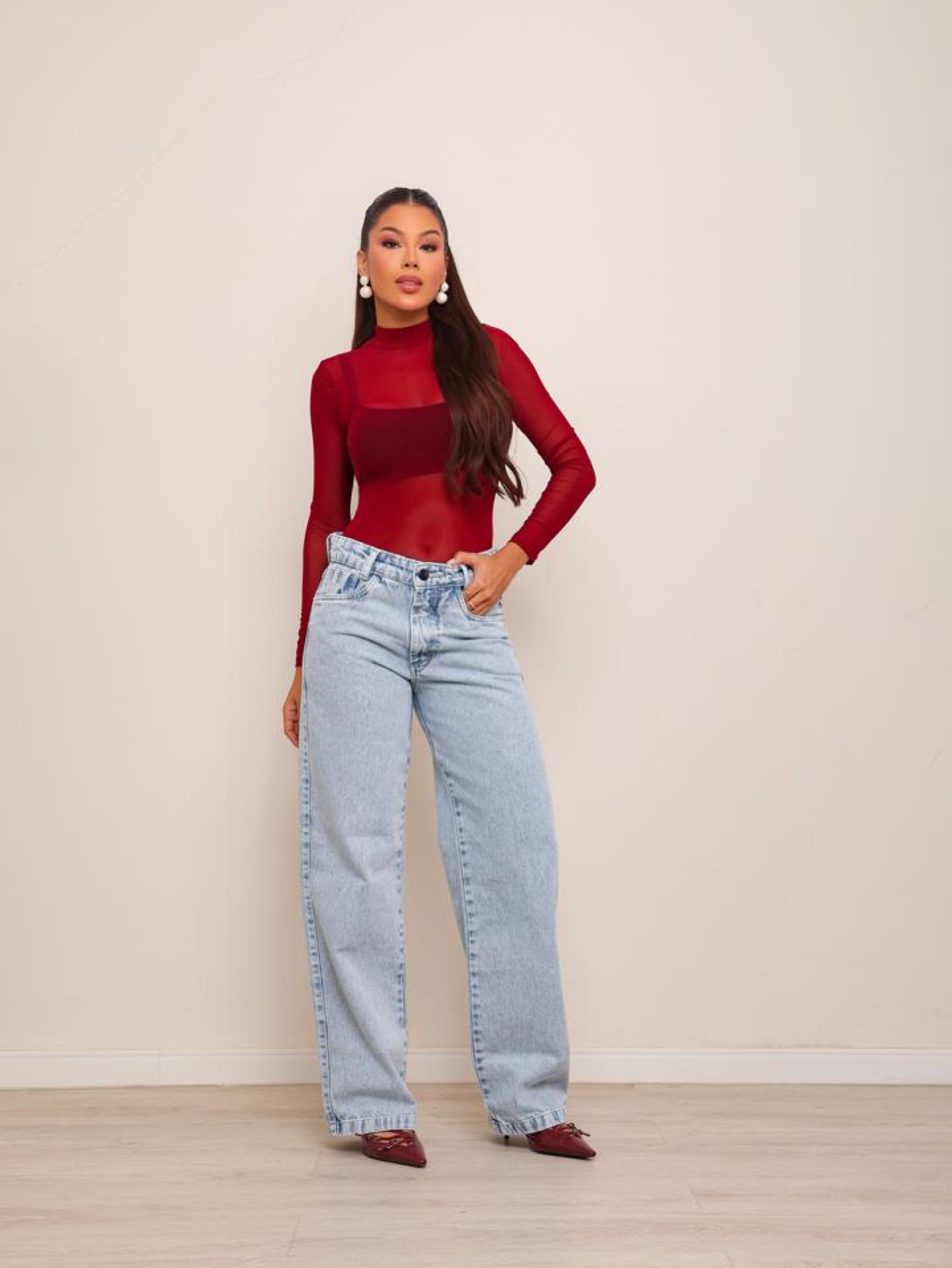Calça wide leg jeans feminina