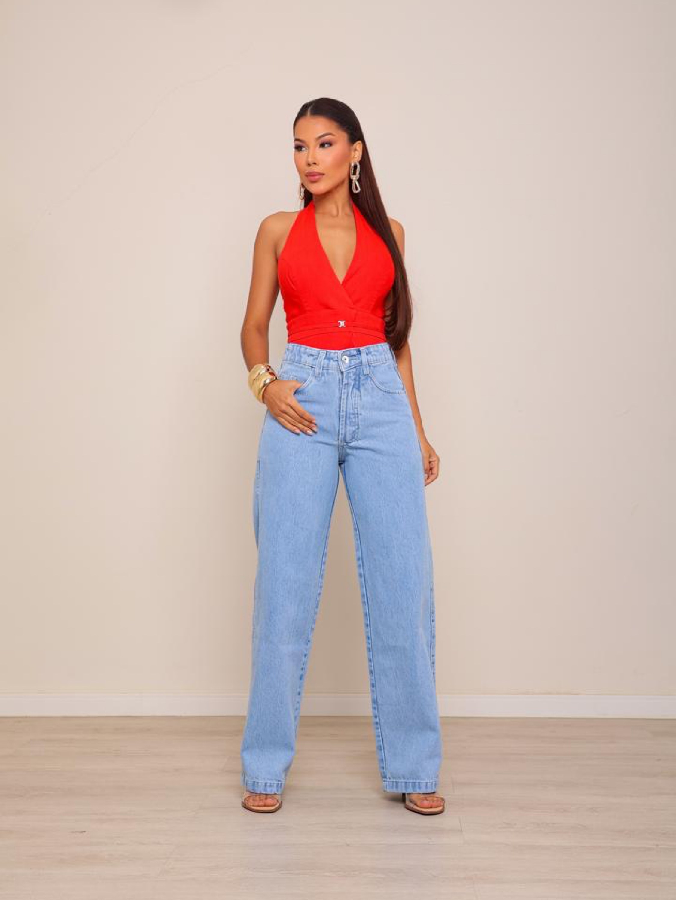 Calça wide leg jeans feminina