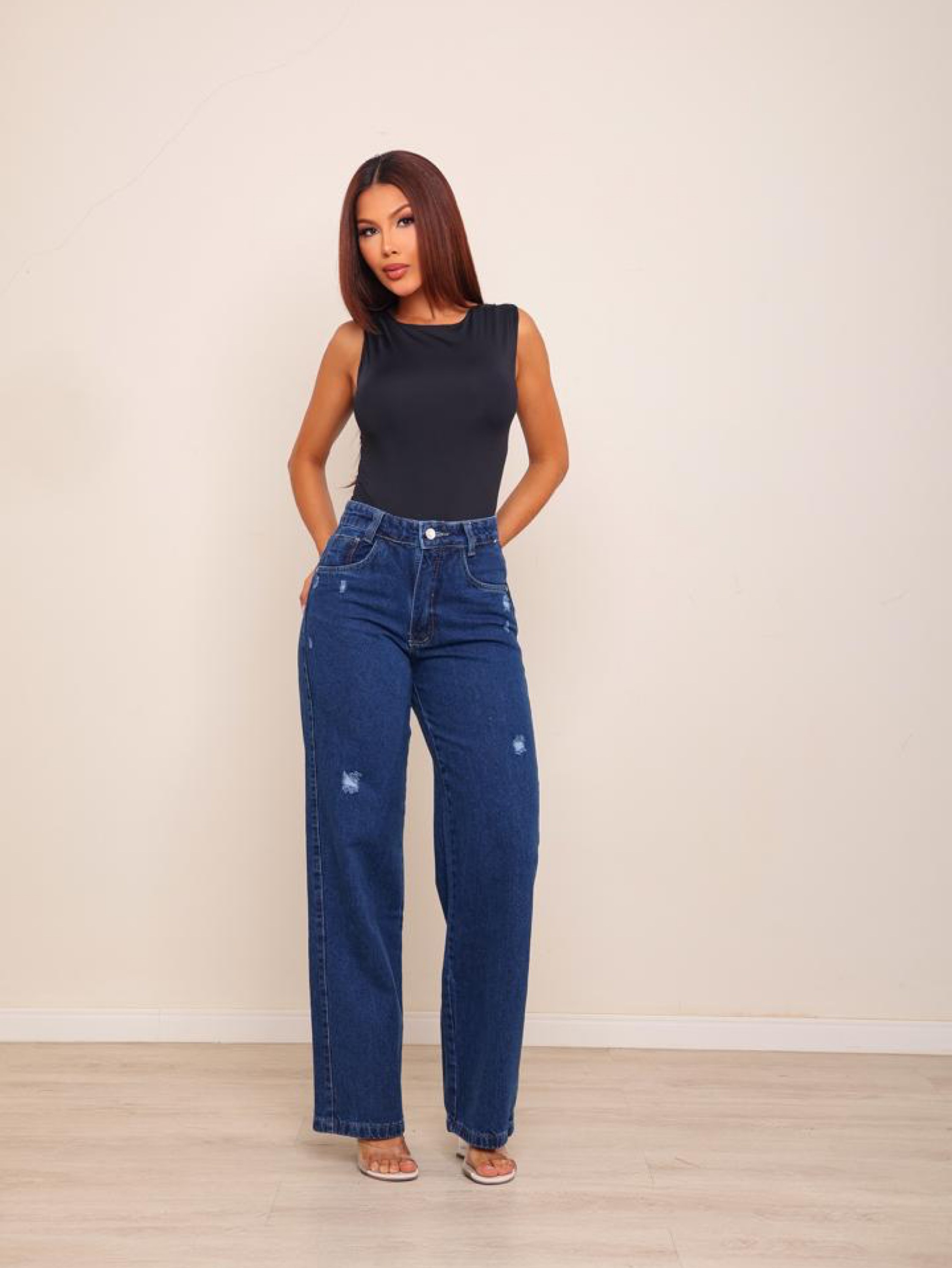 Calça wide leg jeans feminina