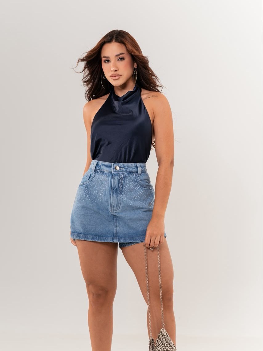short saia jeans feminino de strass