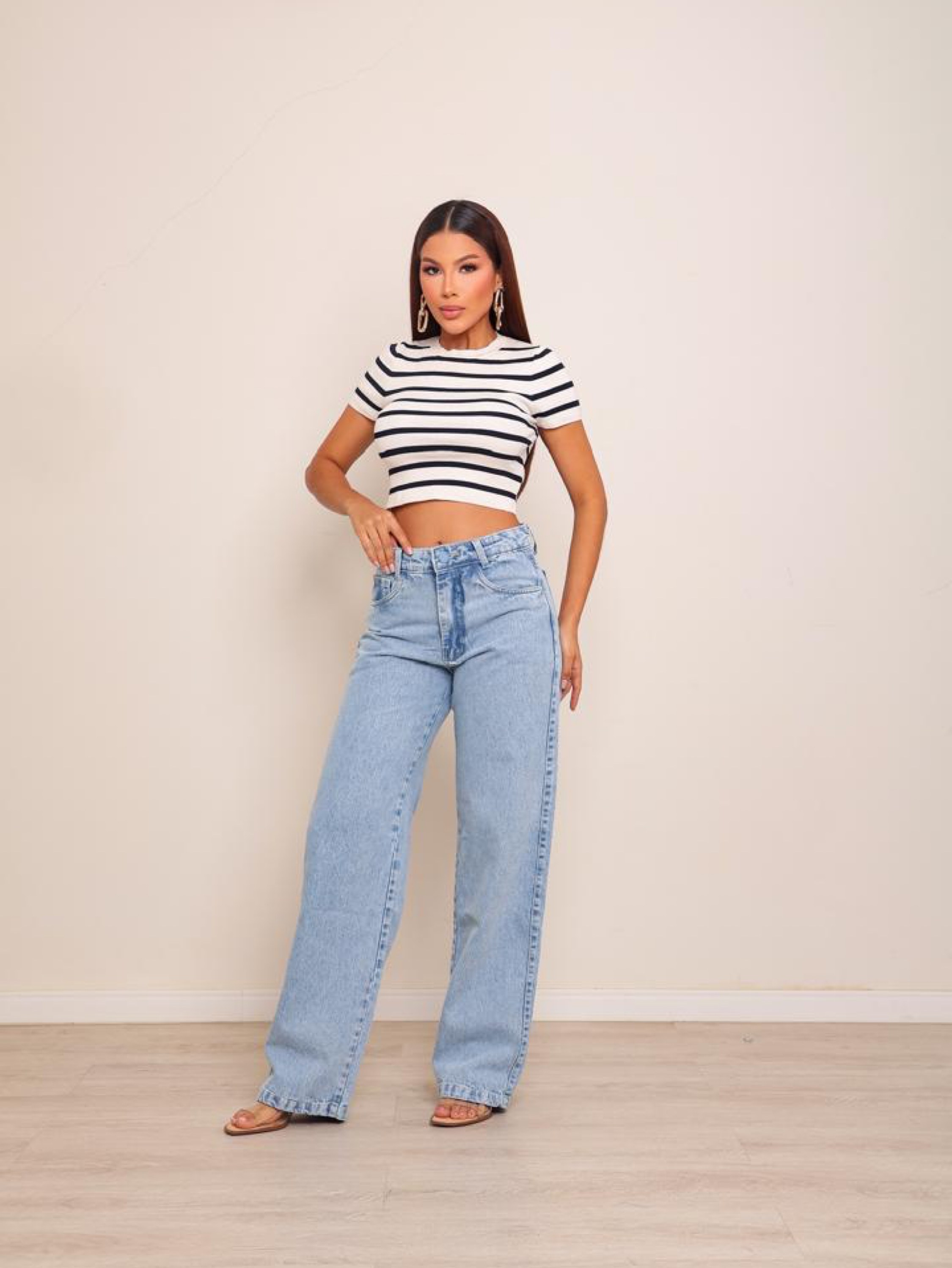 Calça wide leg jeans feminina