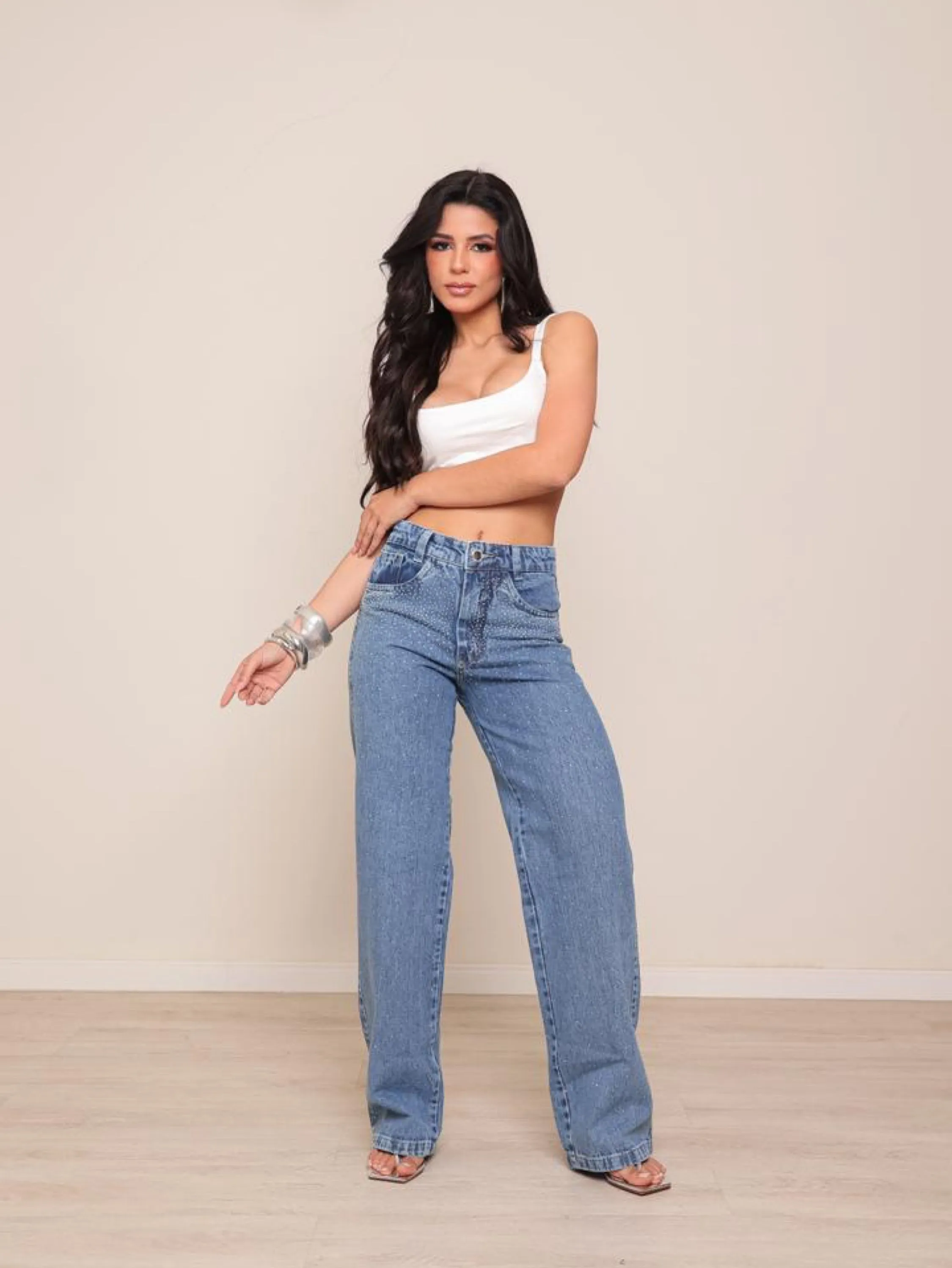 Calça wide leg jeans feminina de strass