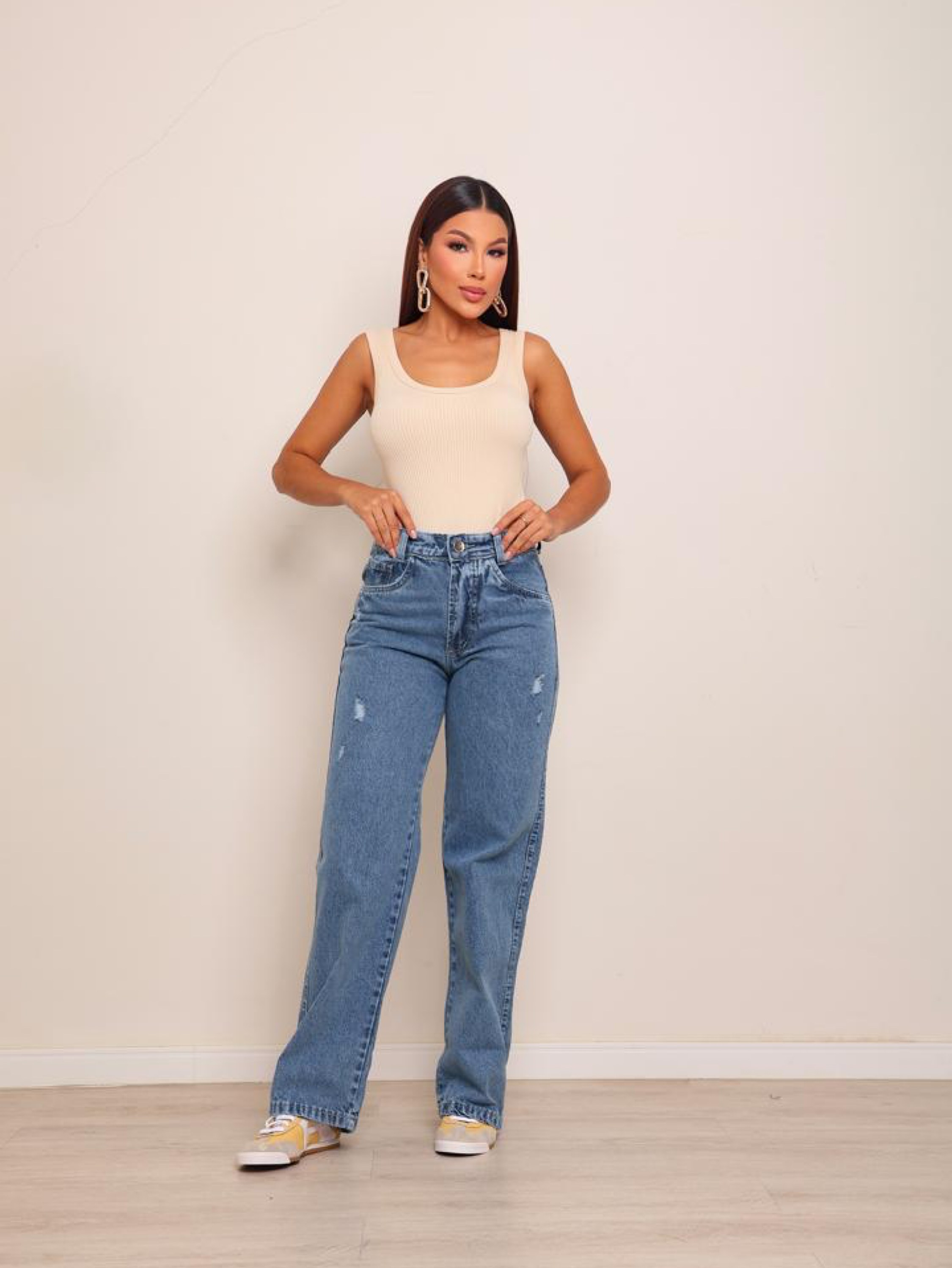 Calça wide leg jeans feminina