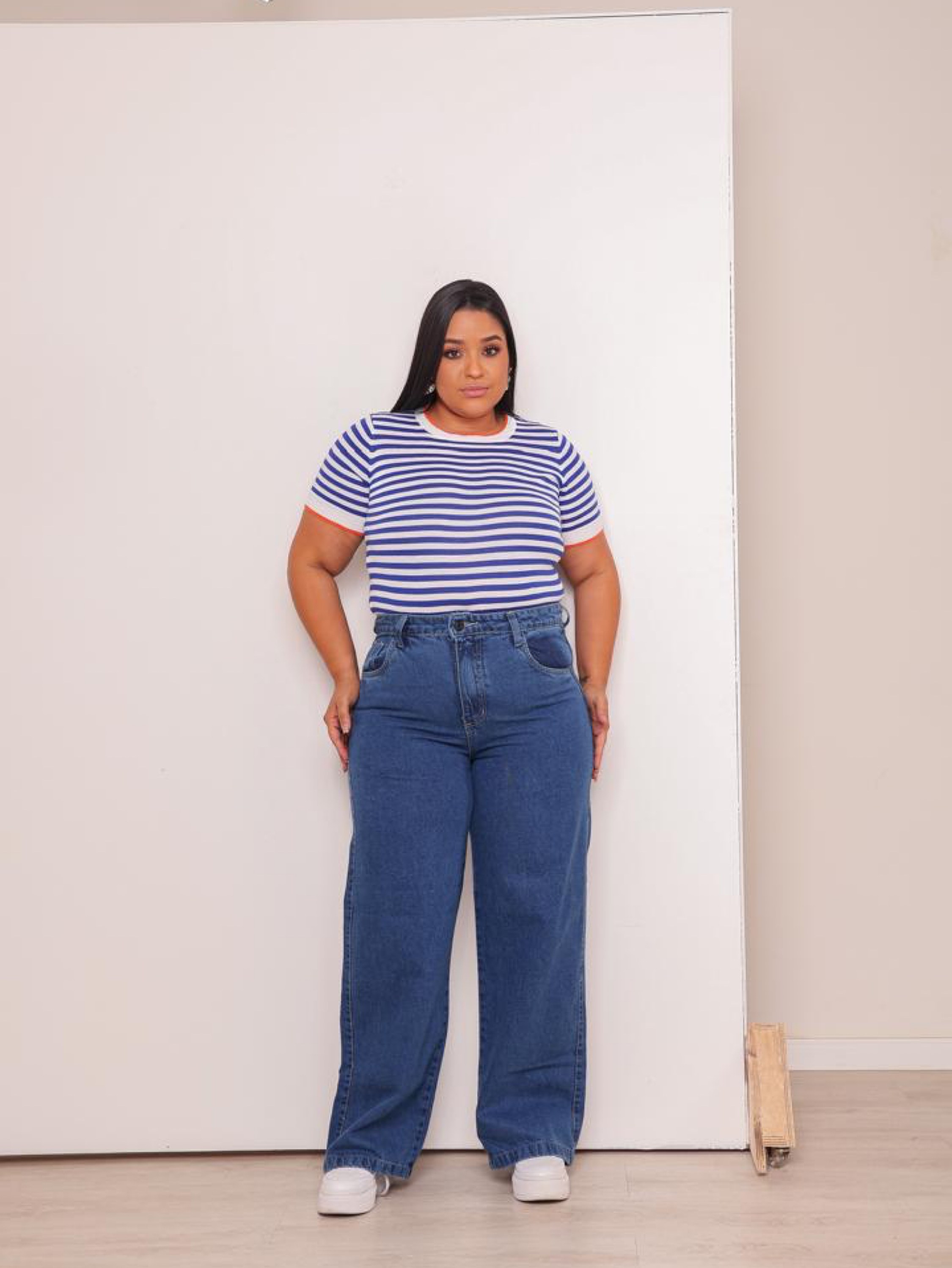 Calça wide leg jeans feminina plus size