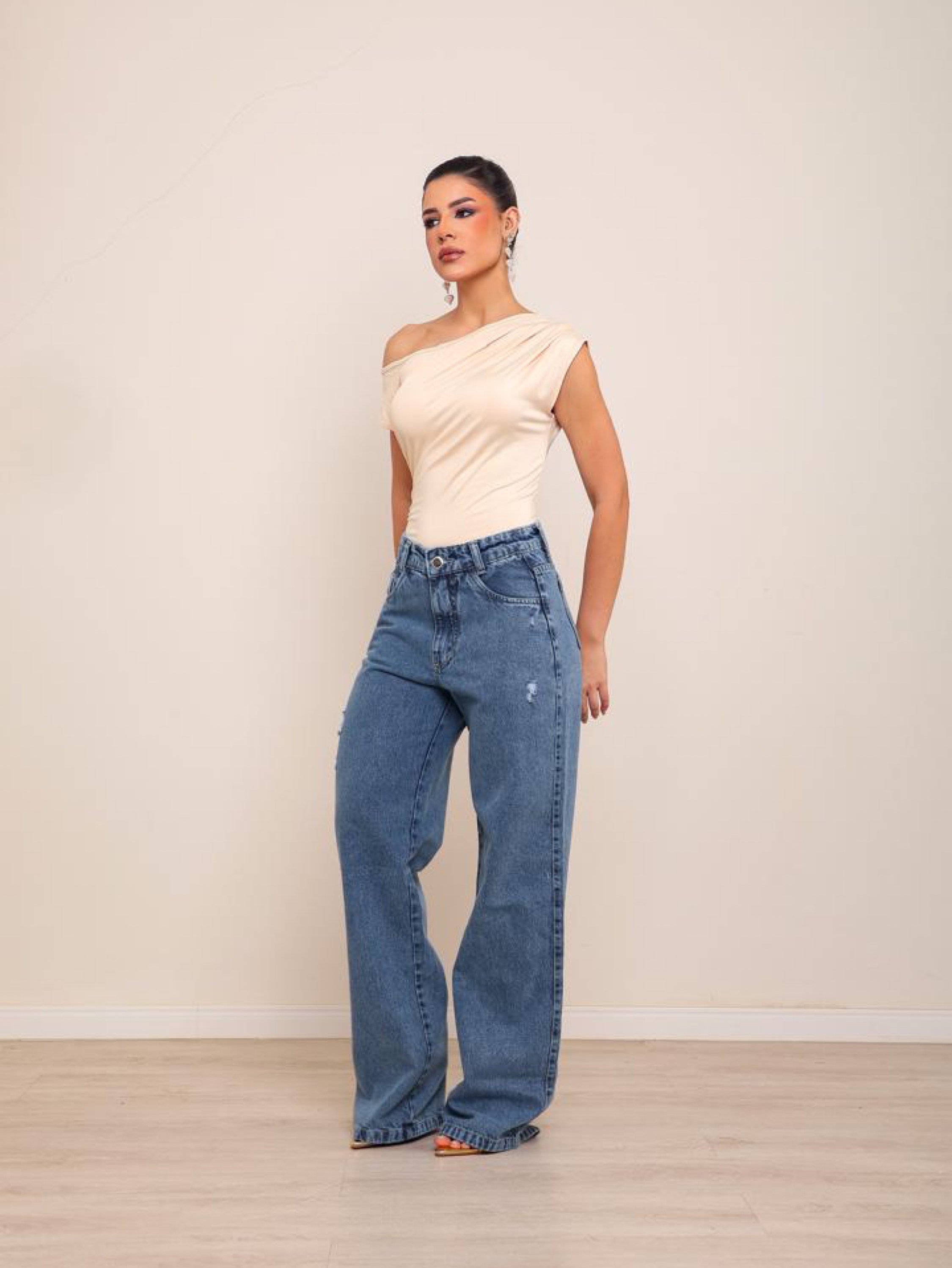 Calça wide leg jeans feminina