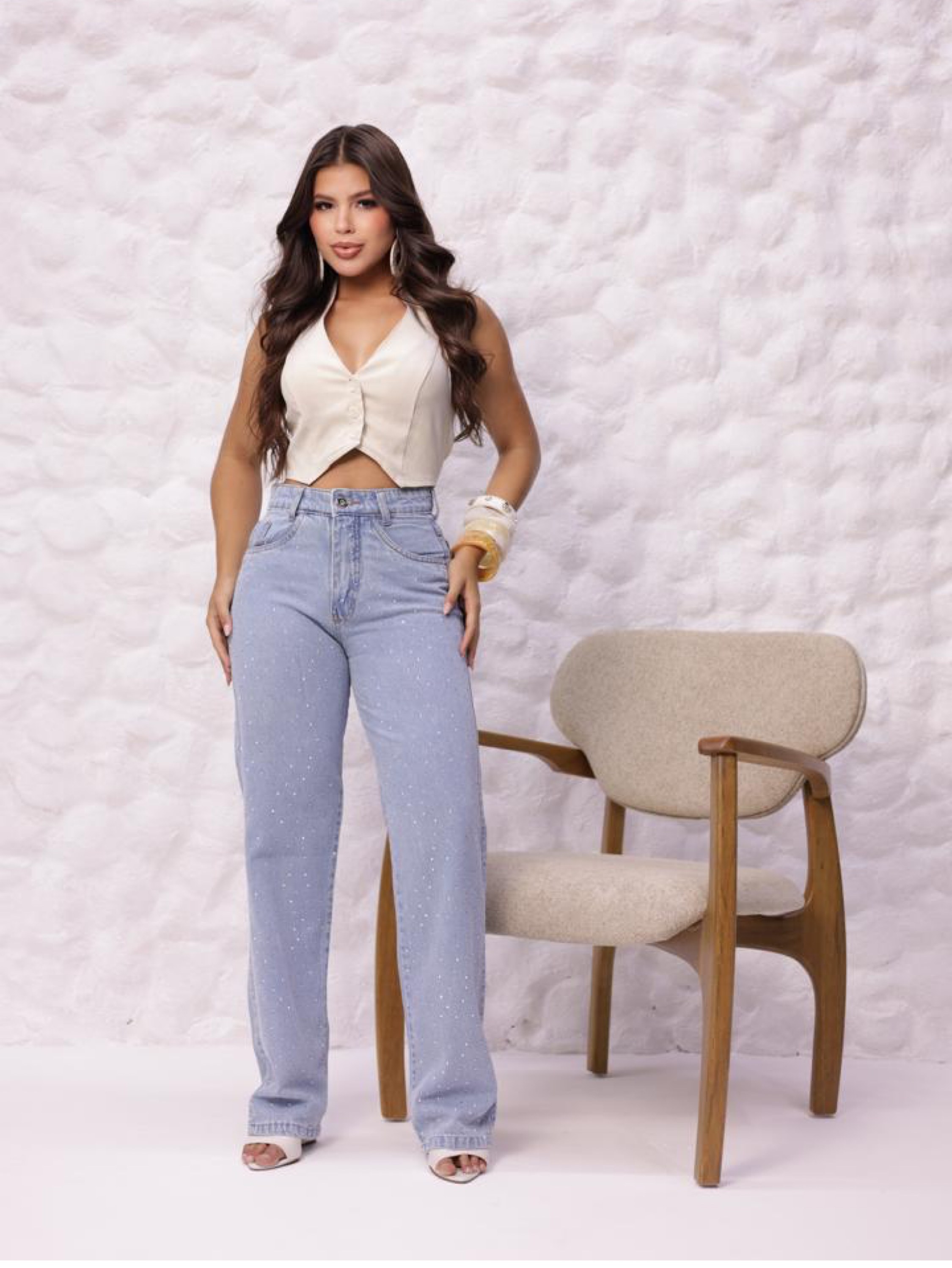 Calça wide leg jeans feminina de strass