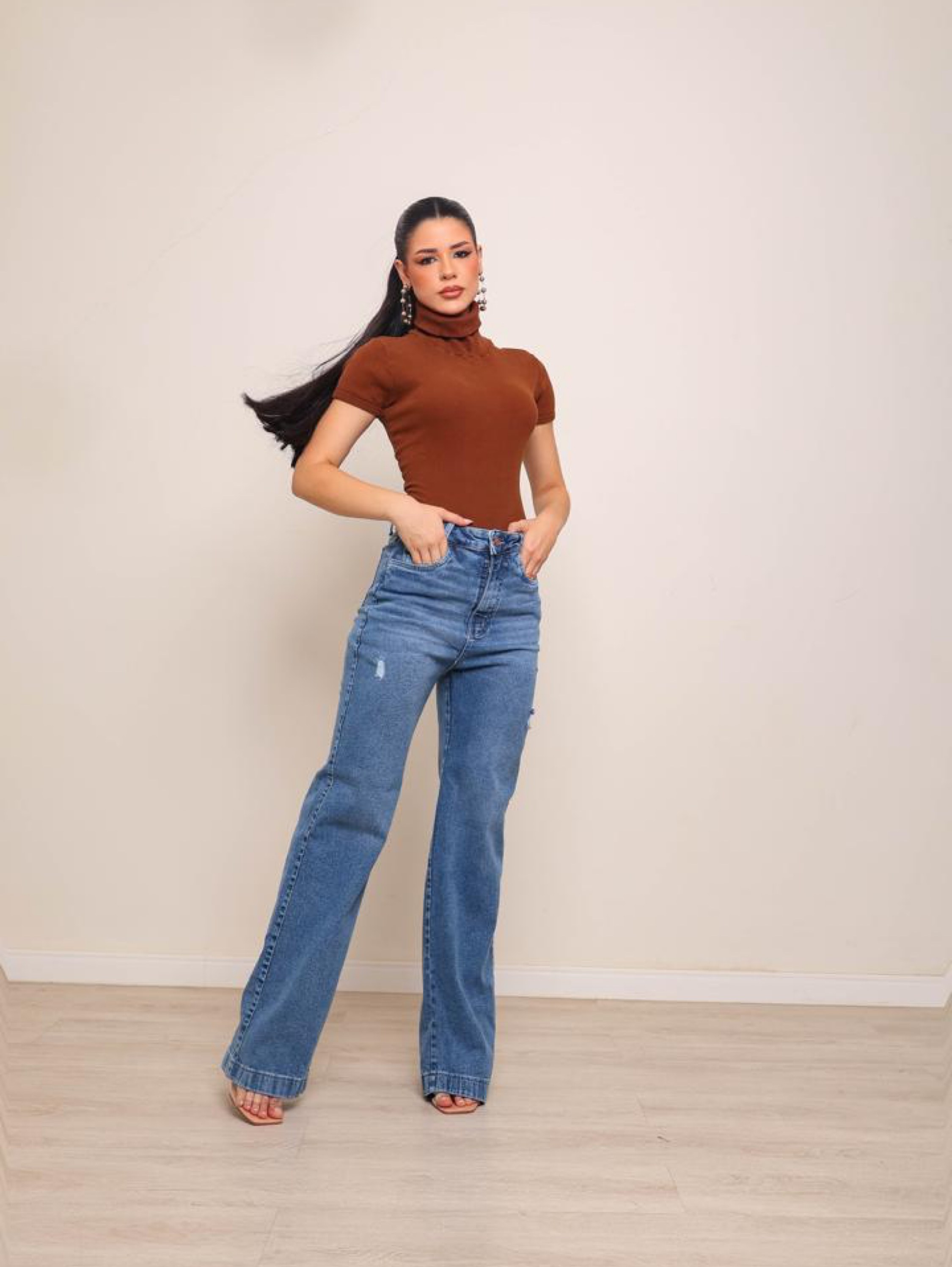 Calça wide leg jeans feminina com Lycra