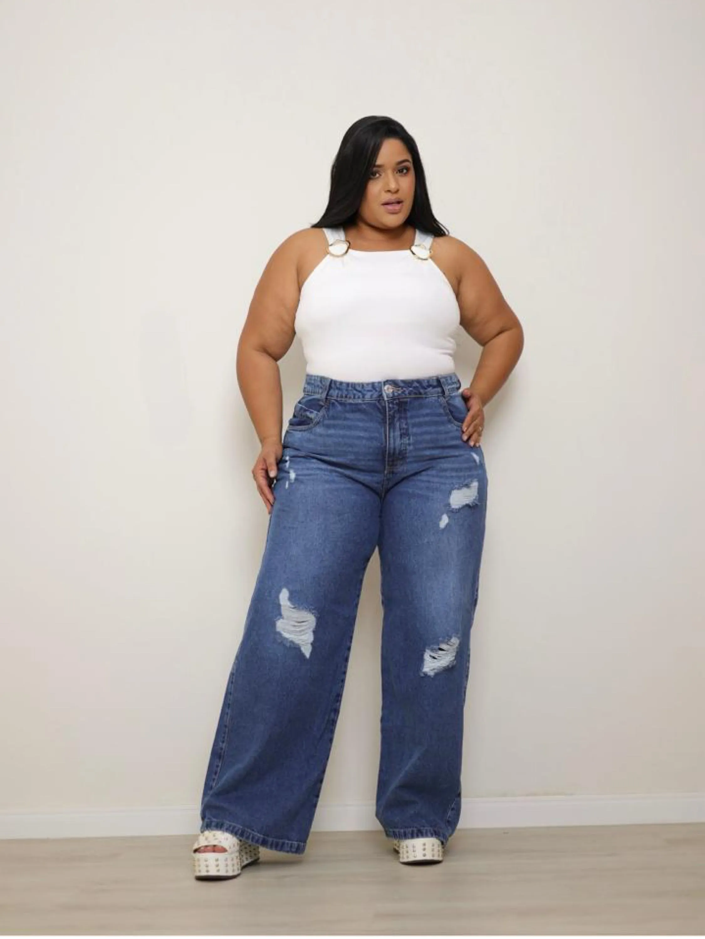 Calça wide leg jeans feminina plus size