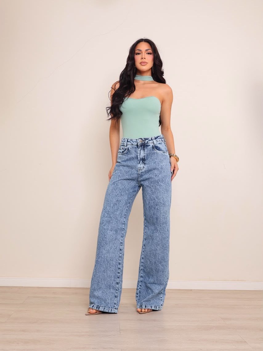 calça wide leg jeans feminina com detalhe