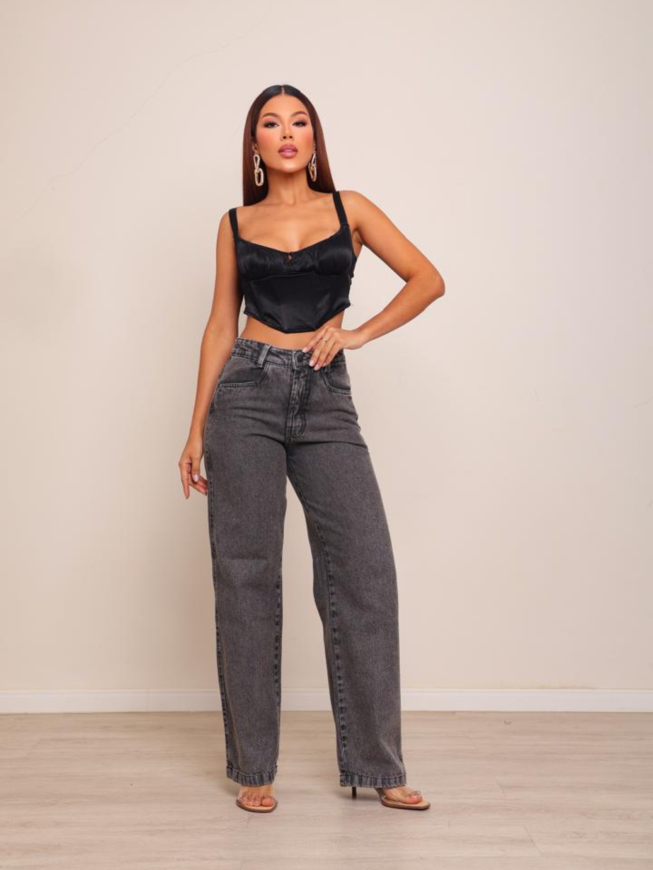 Calça wide leg jeans feminina