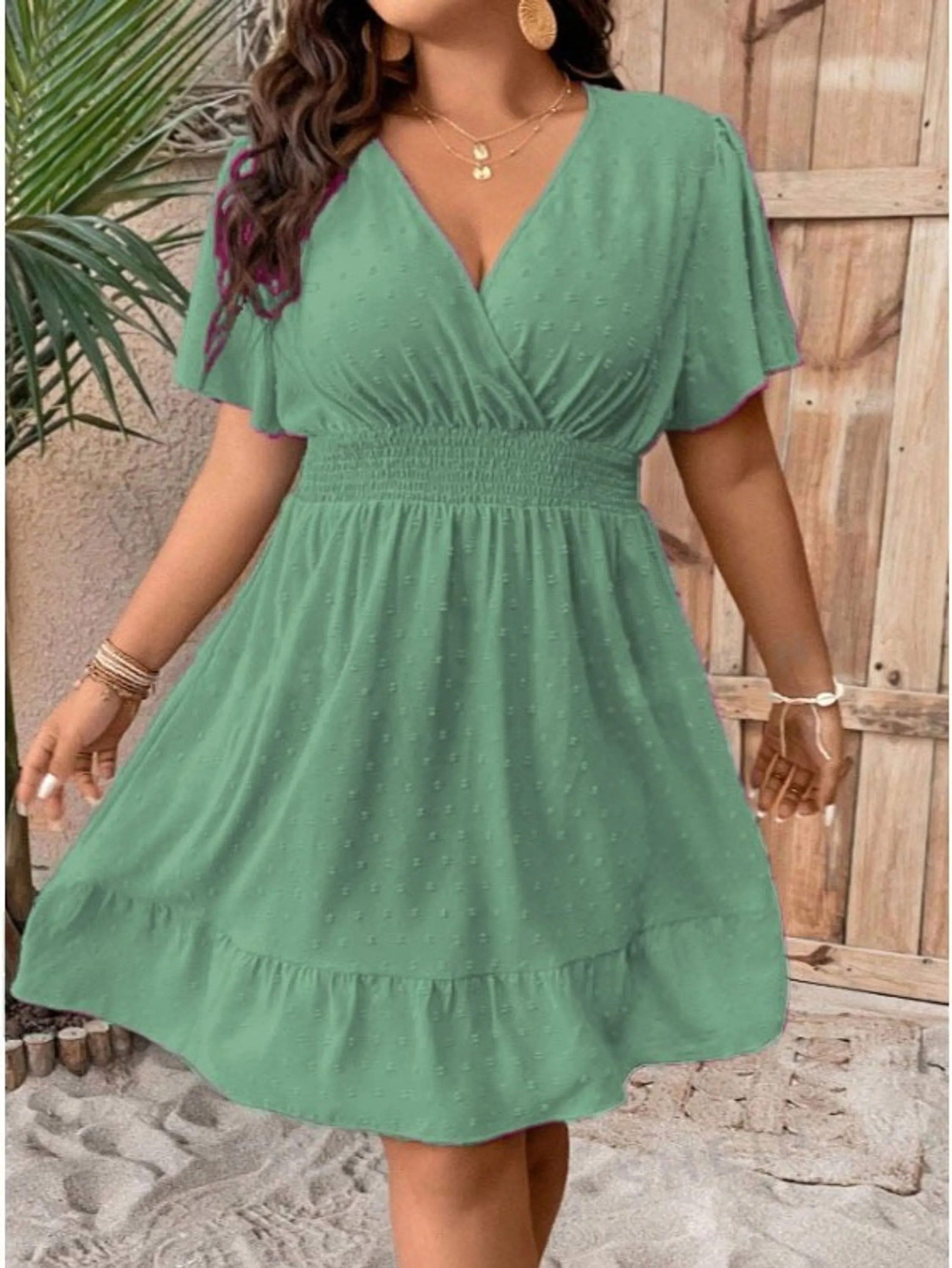 Vestido duna pipoca plus size mosteiro decote v C3000