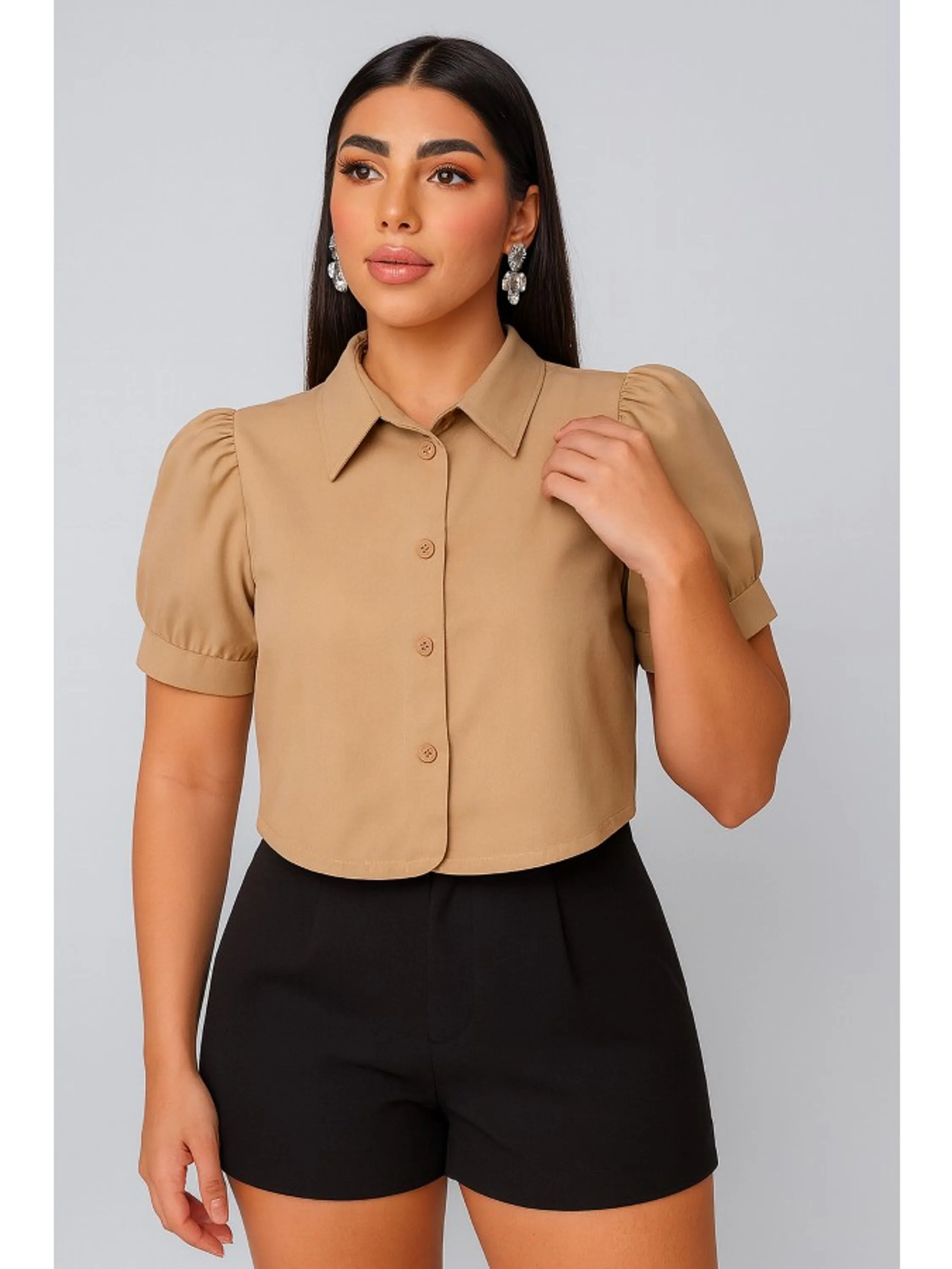 Camisa cropped social manga bufante C8177