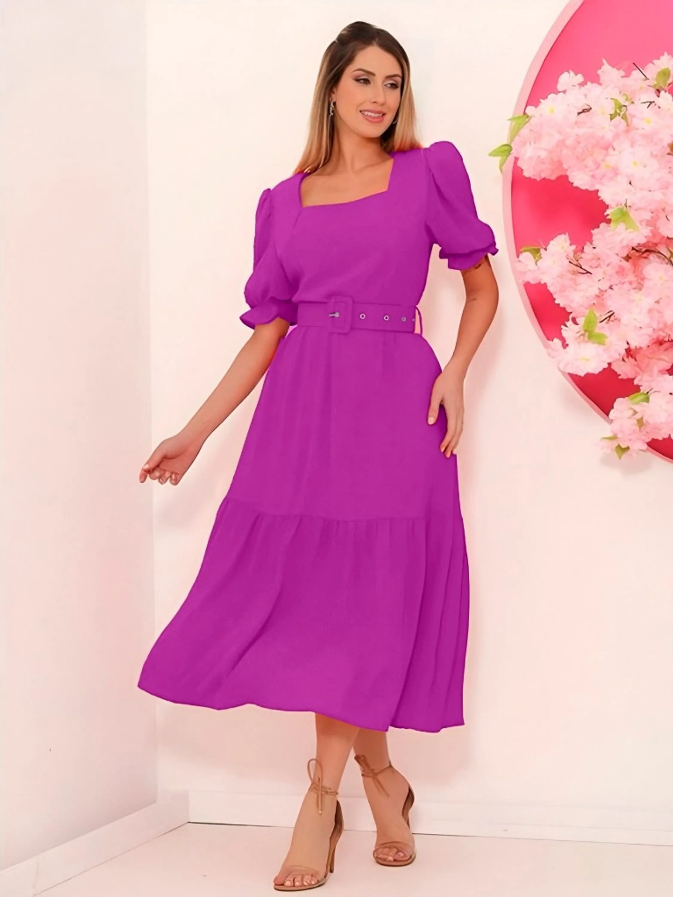 Vestido longo com cinto elegante manga princesa C1006
