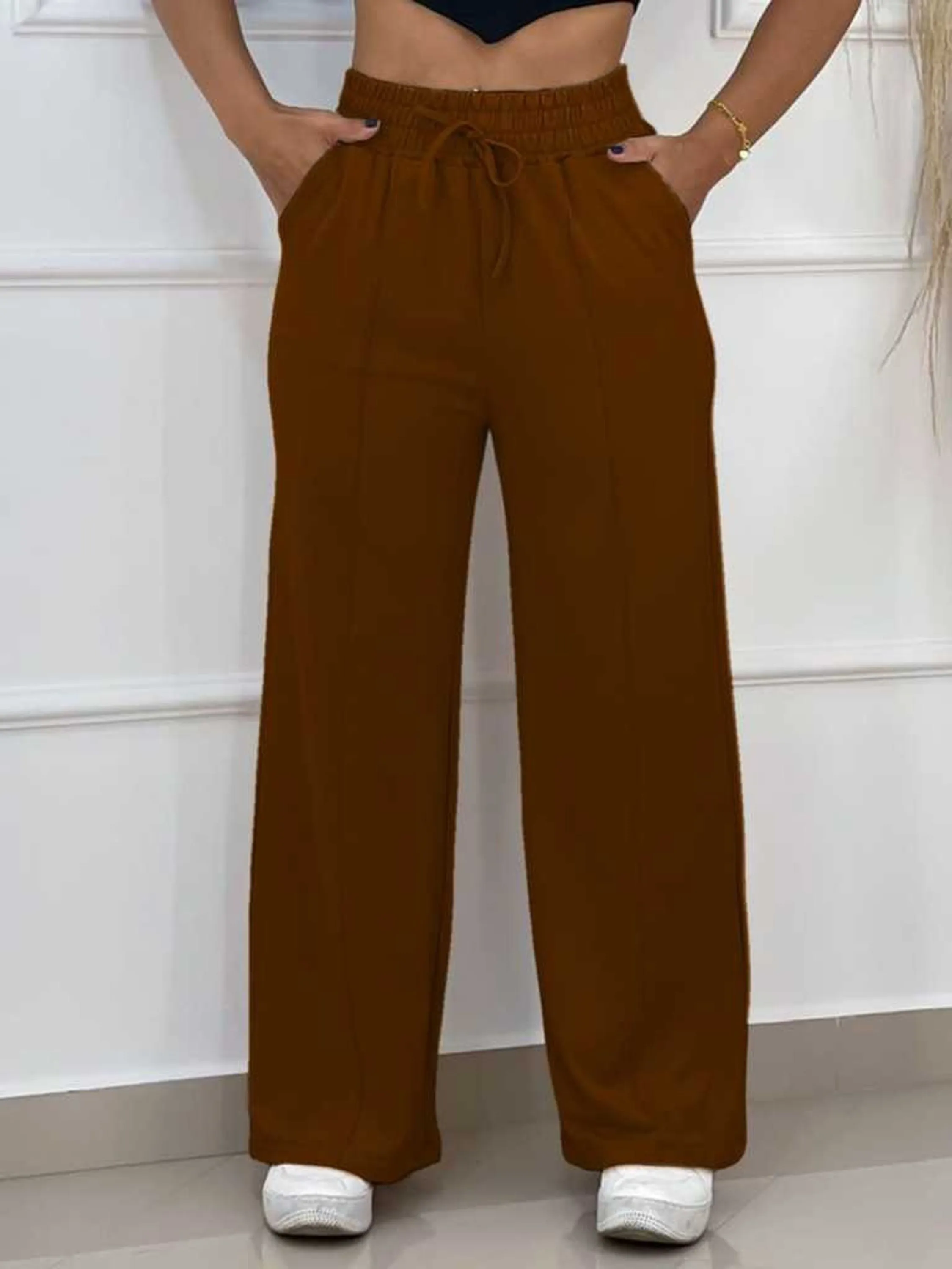 Calça feminina pantalona em moletinho wide leg C3456
