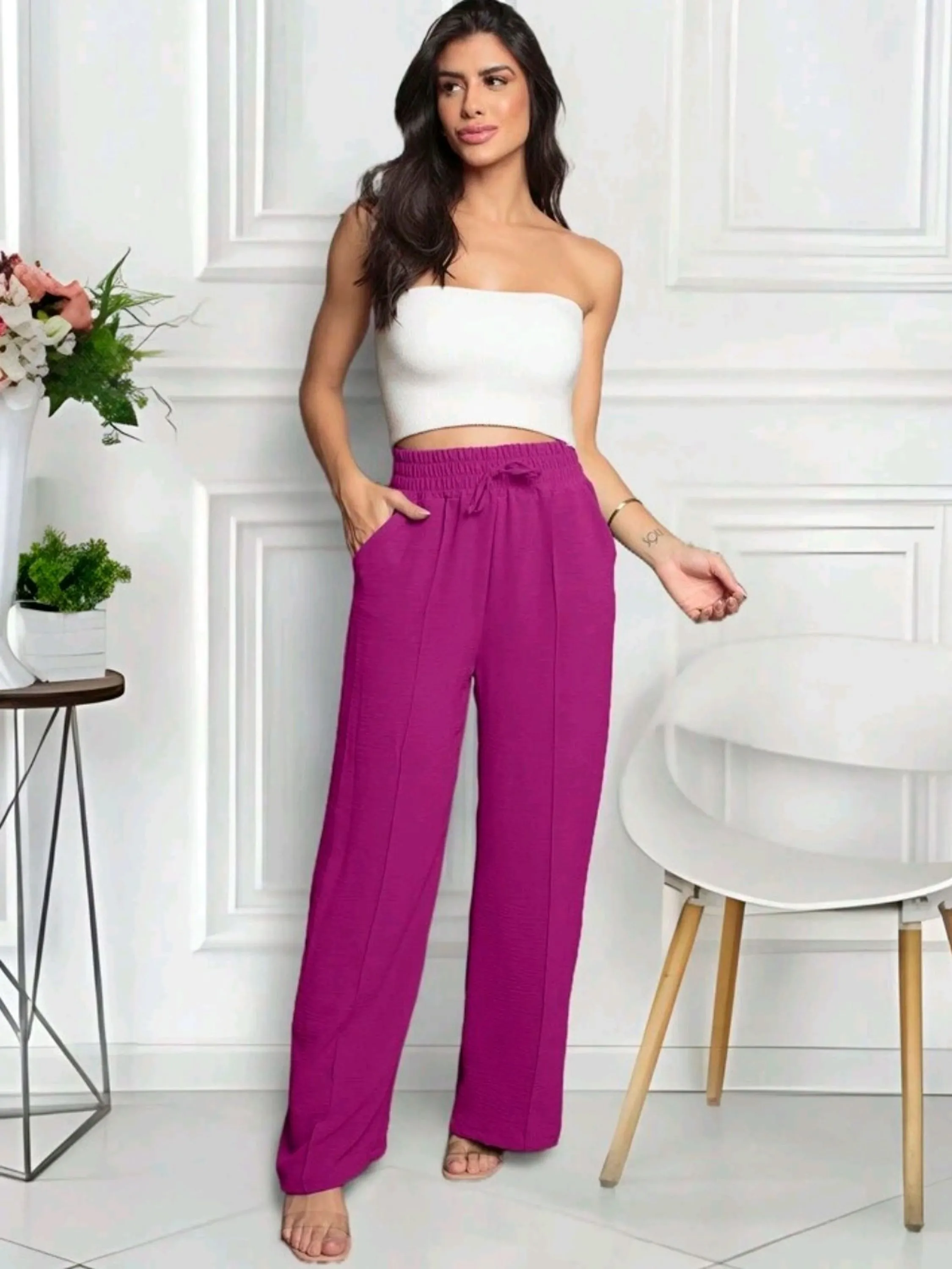 Calça Pantalona Duna Cintura Alta Com Elástico