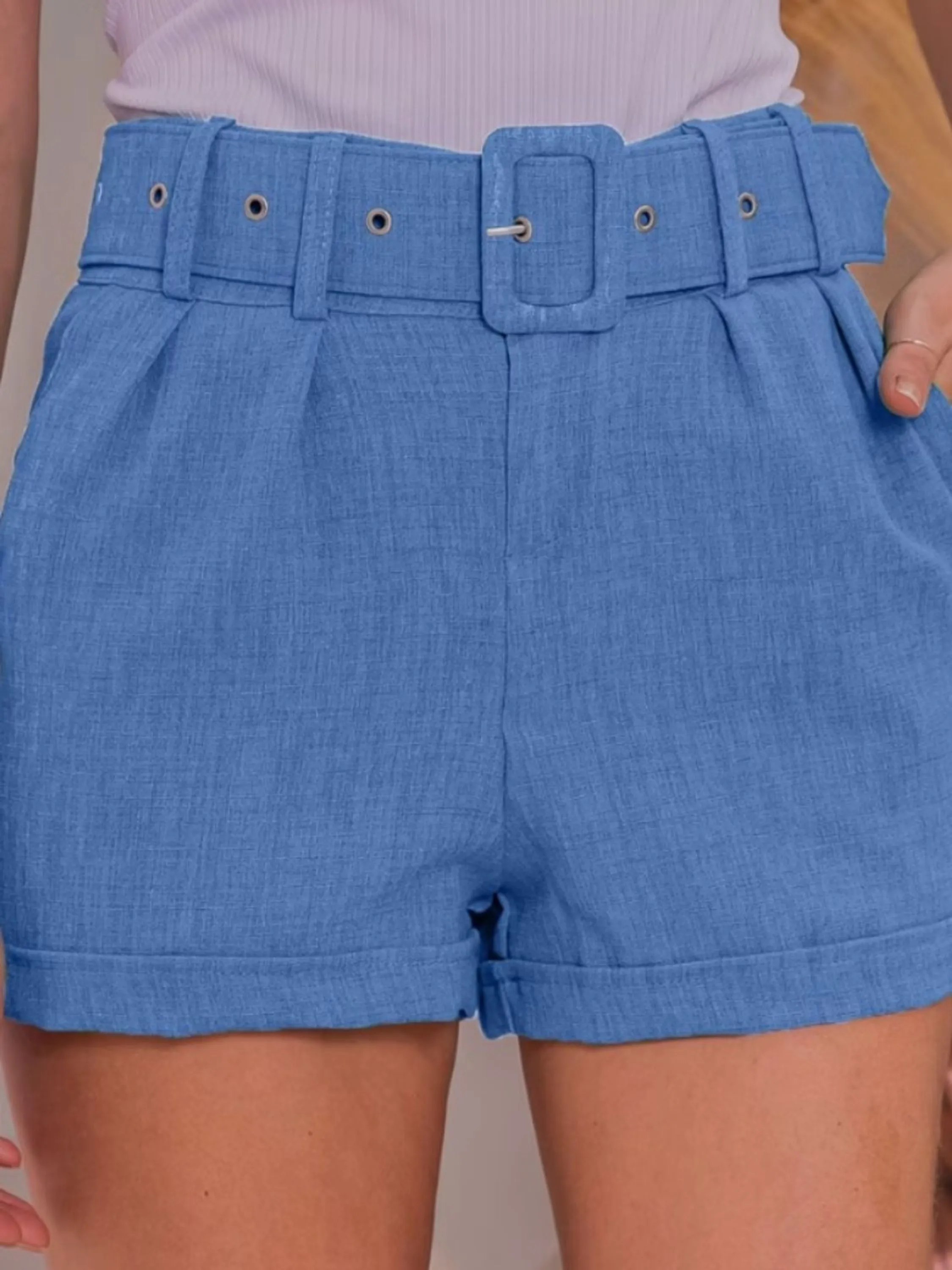 Short linho feminino com cinto curto verão confortável