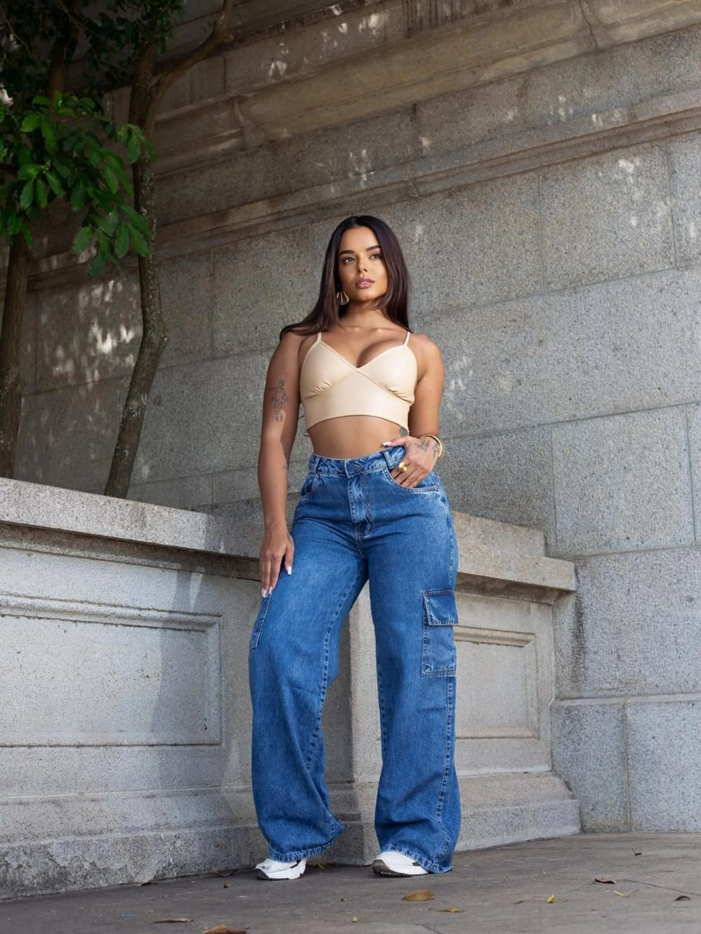 Calça jeans Wide Leg Cargo 14158