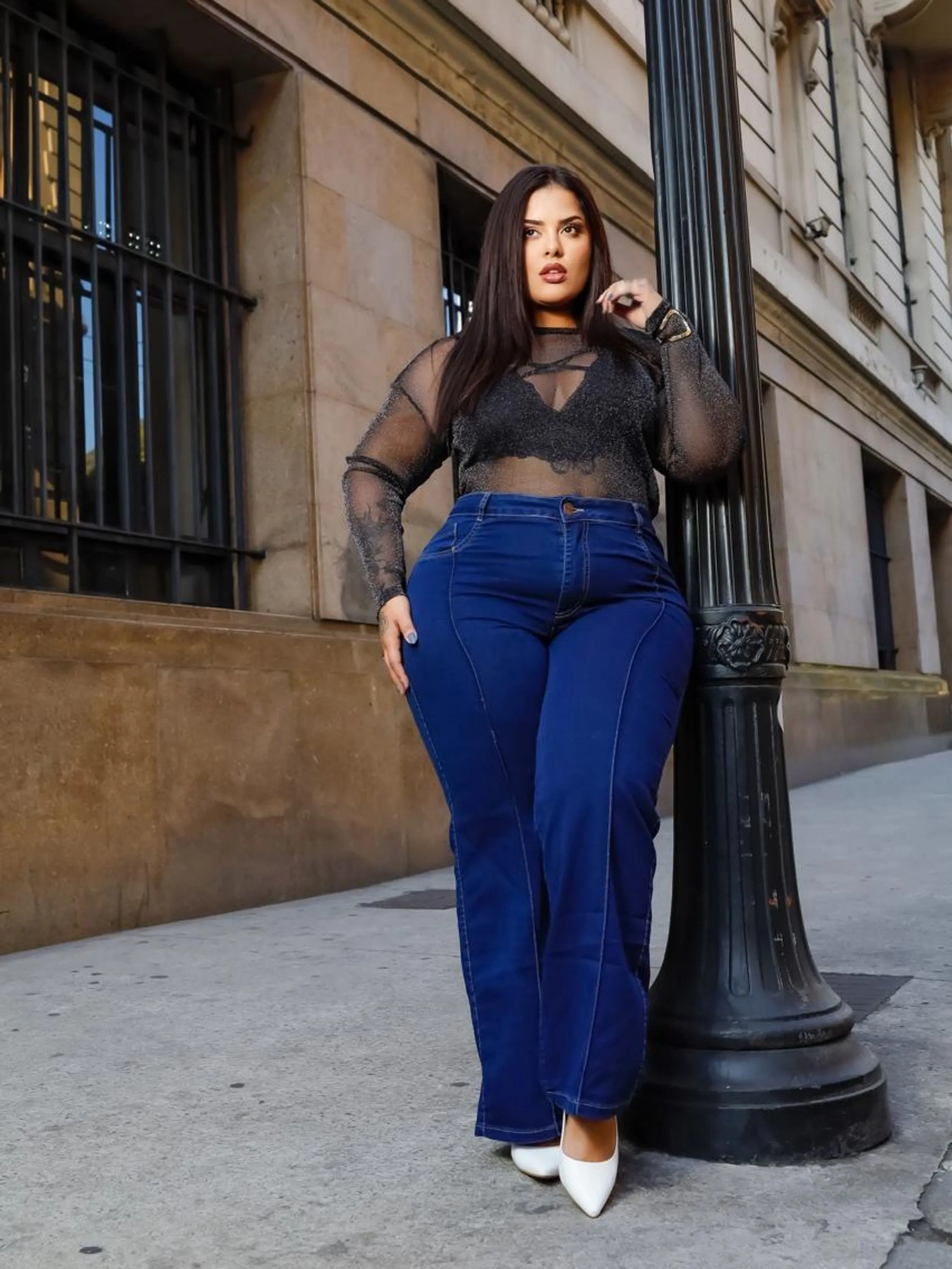 Wide Leg plus size escura com listra