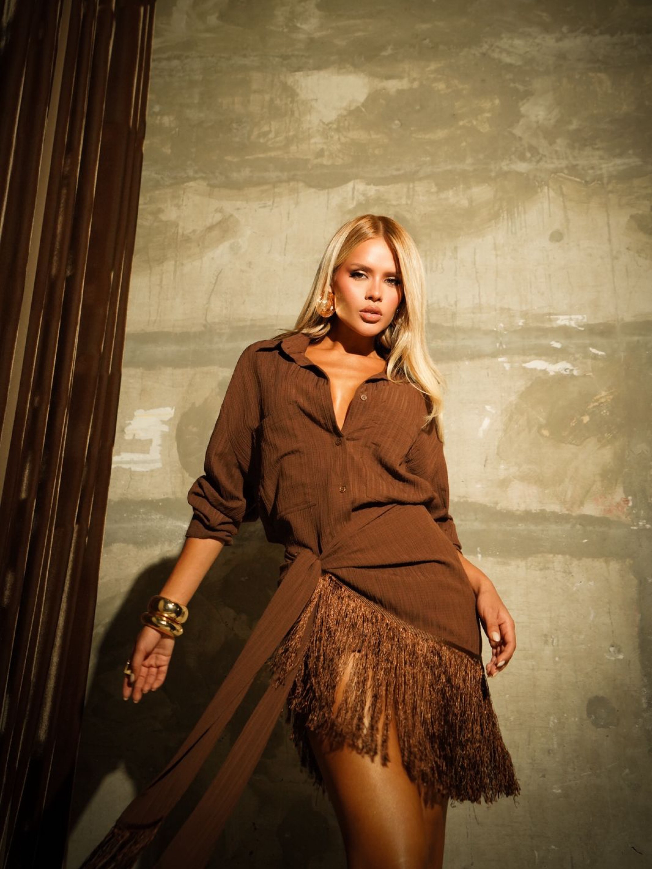 Conjunto enrugado  chemise e lenço importado