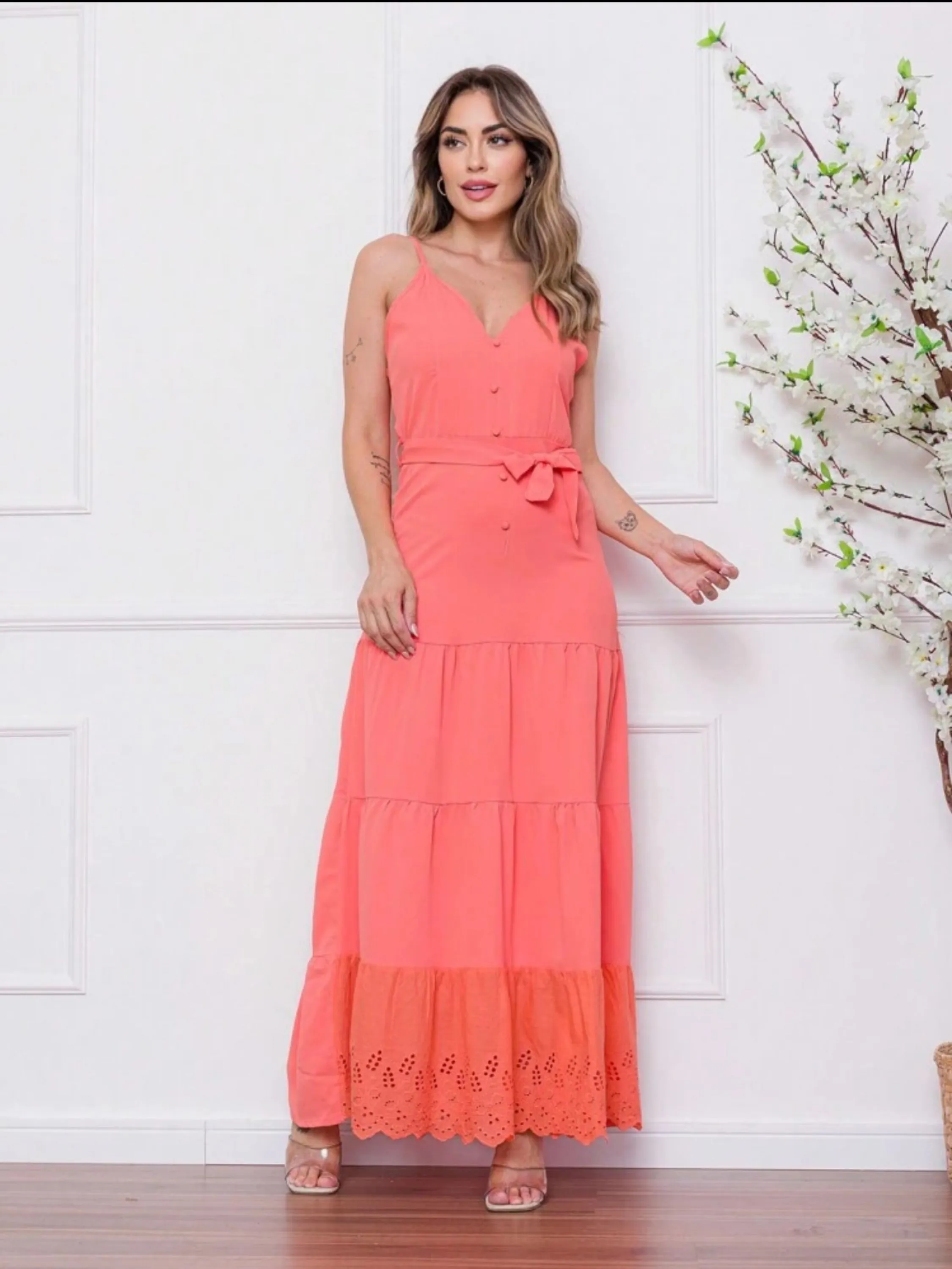 Vestido longo de crepe de seda