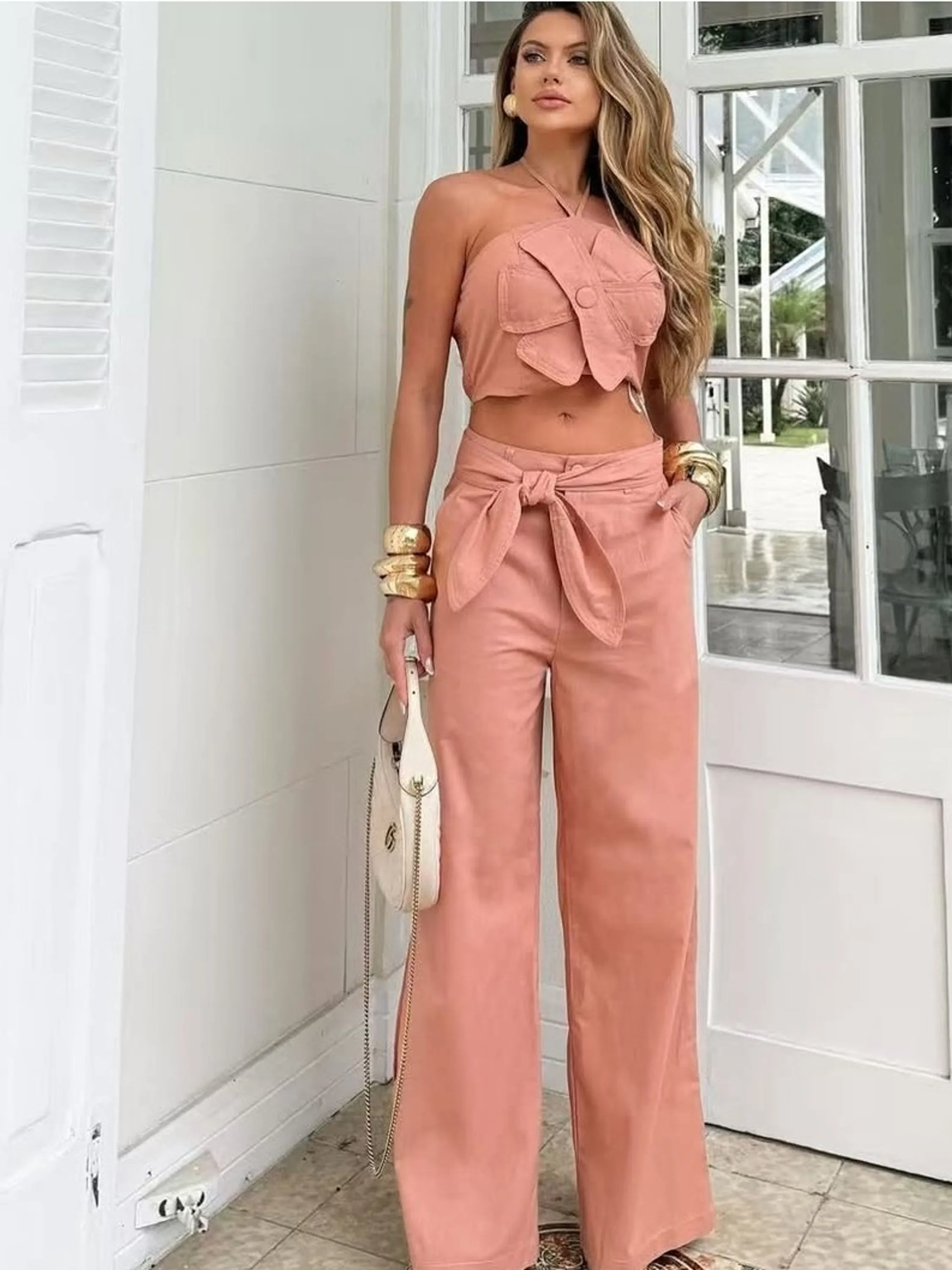 Conjunto de flor cropped e calça #Panpan_fashion