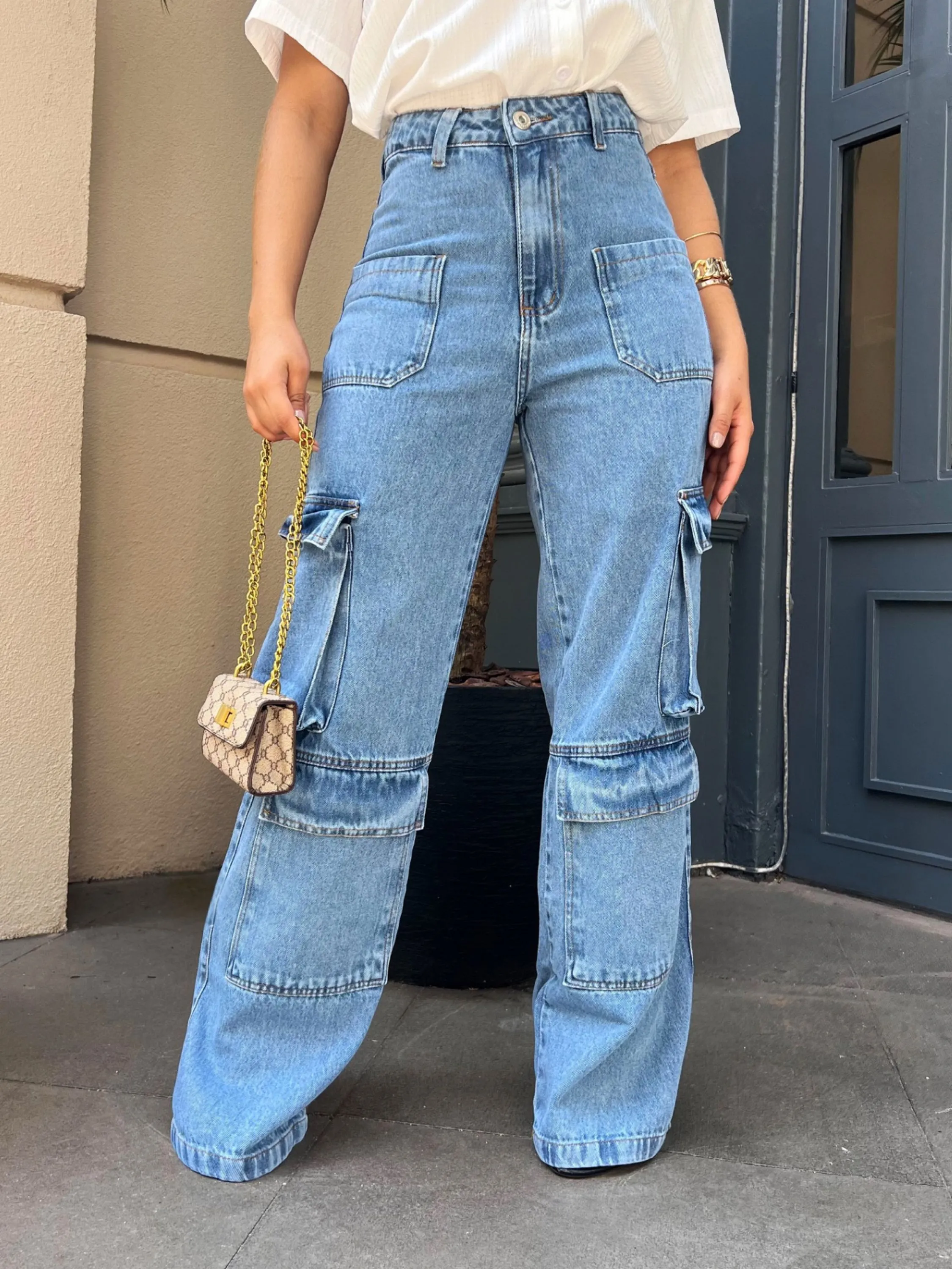 299-Calça cargo com maia bolso jeans sem lycra