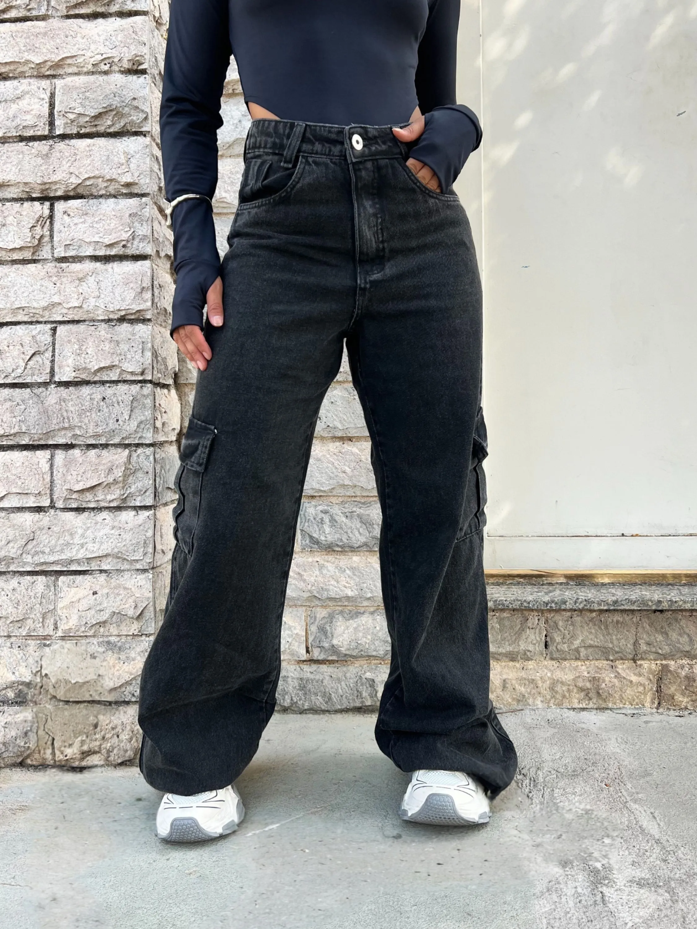 027-2 Calça Cargo citura alto Calça wide leg