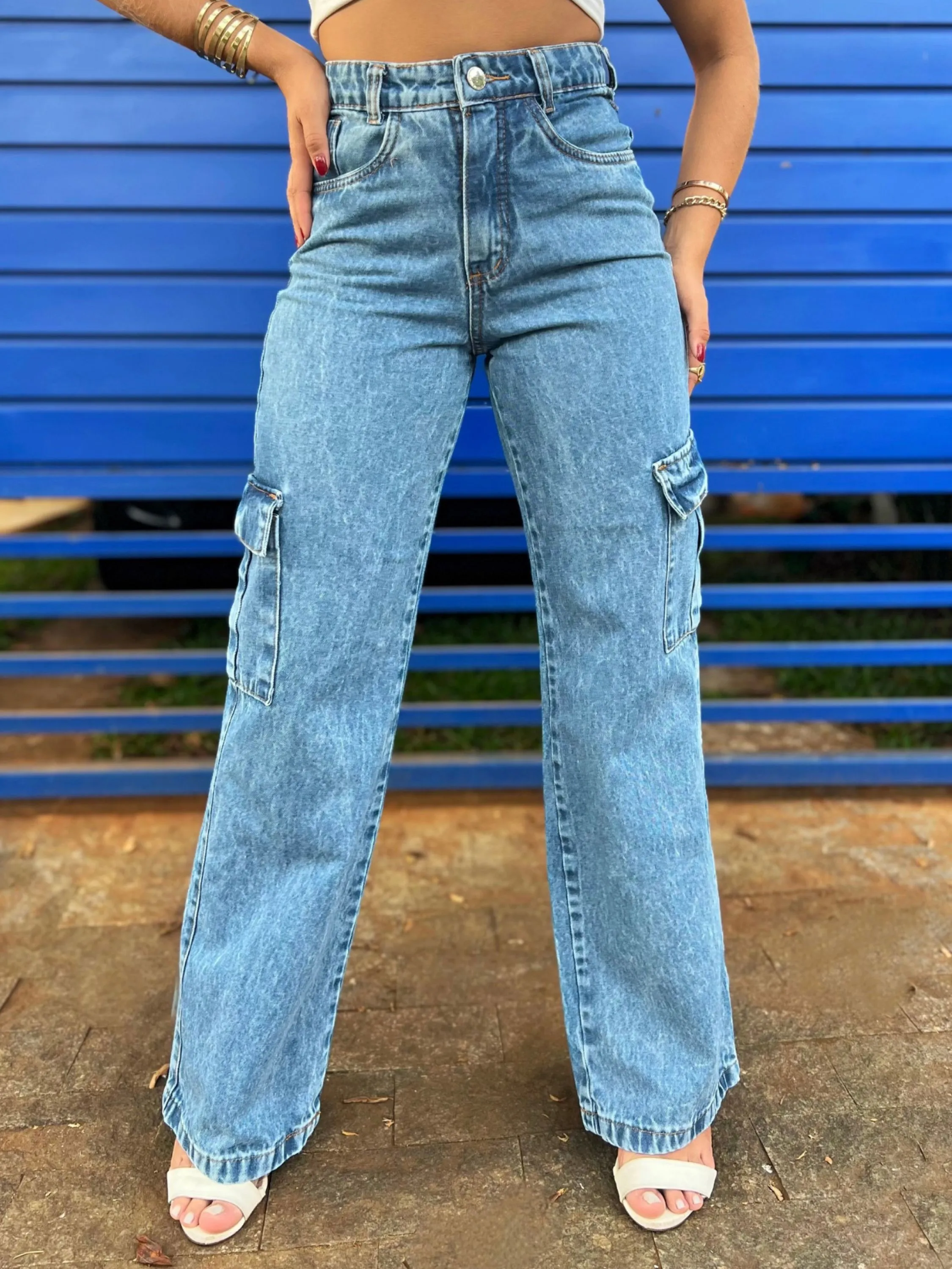 027-2、Calca cargo com bolso Jeans swm lycra