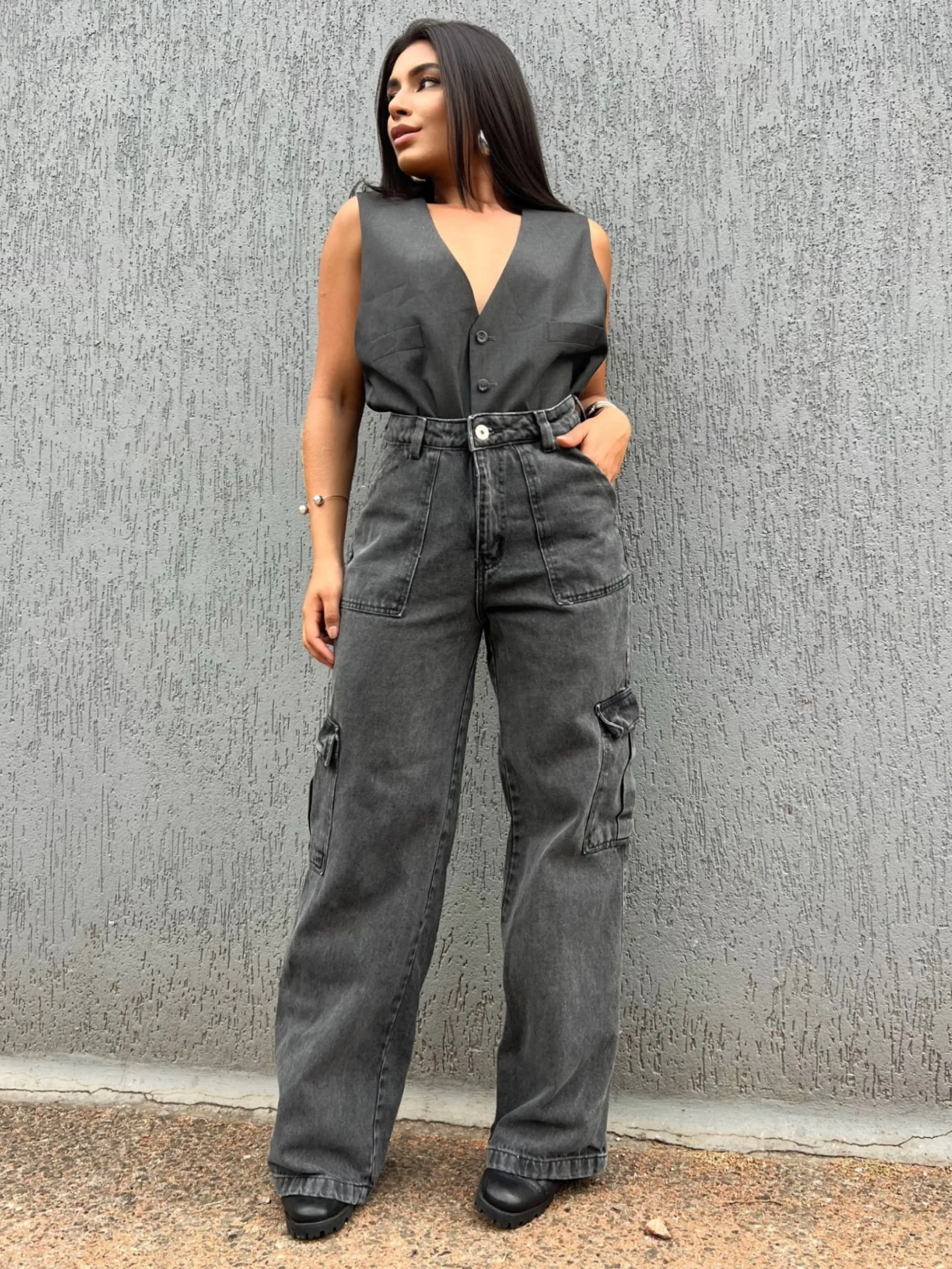 027-4-Calça Cargo wide leg citura alto