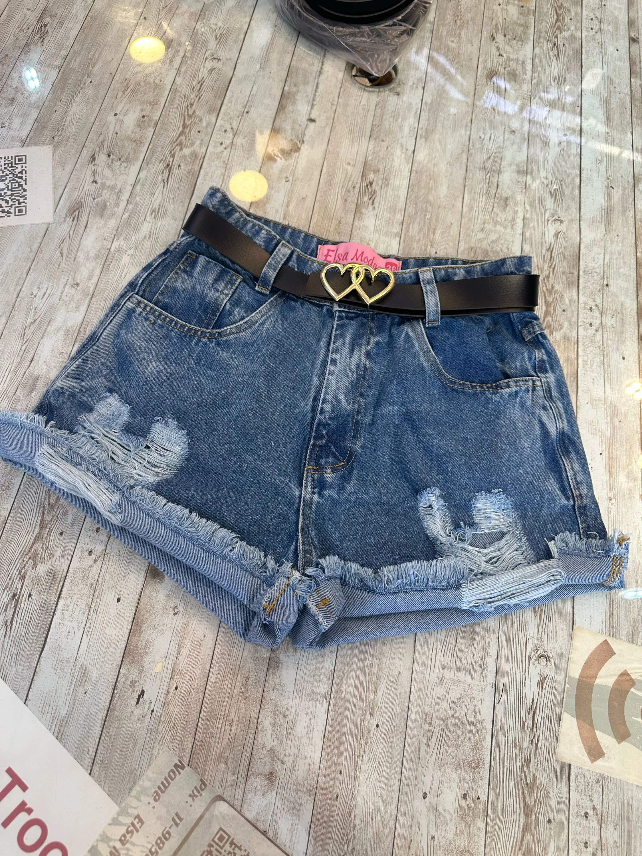 023-Shorts Jeans cintura alto com cinto jeans sem lycra