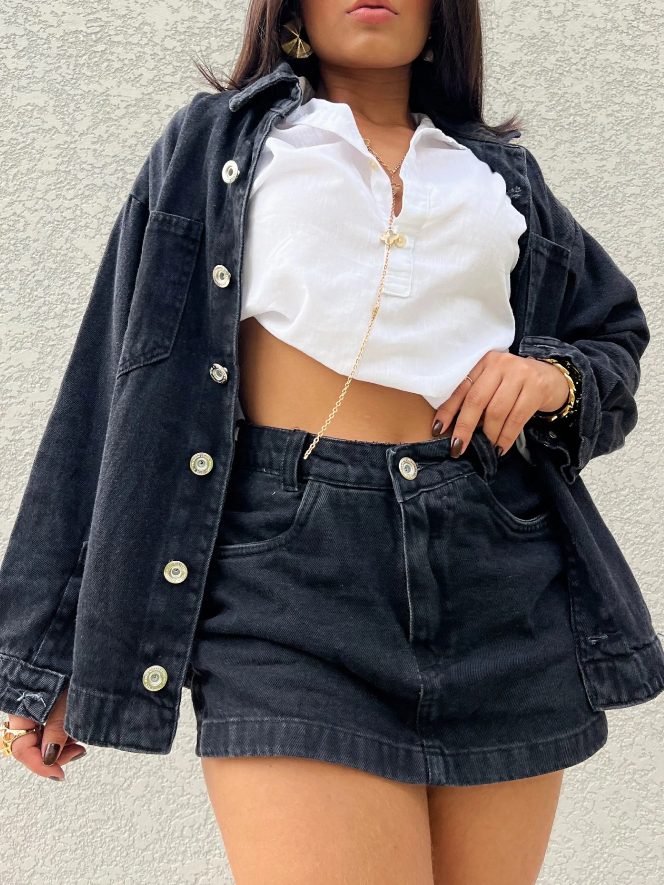 01056-Conjunto jeans jaqueta com short saia sem lycra